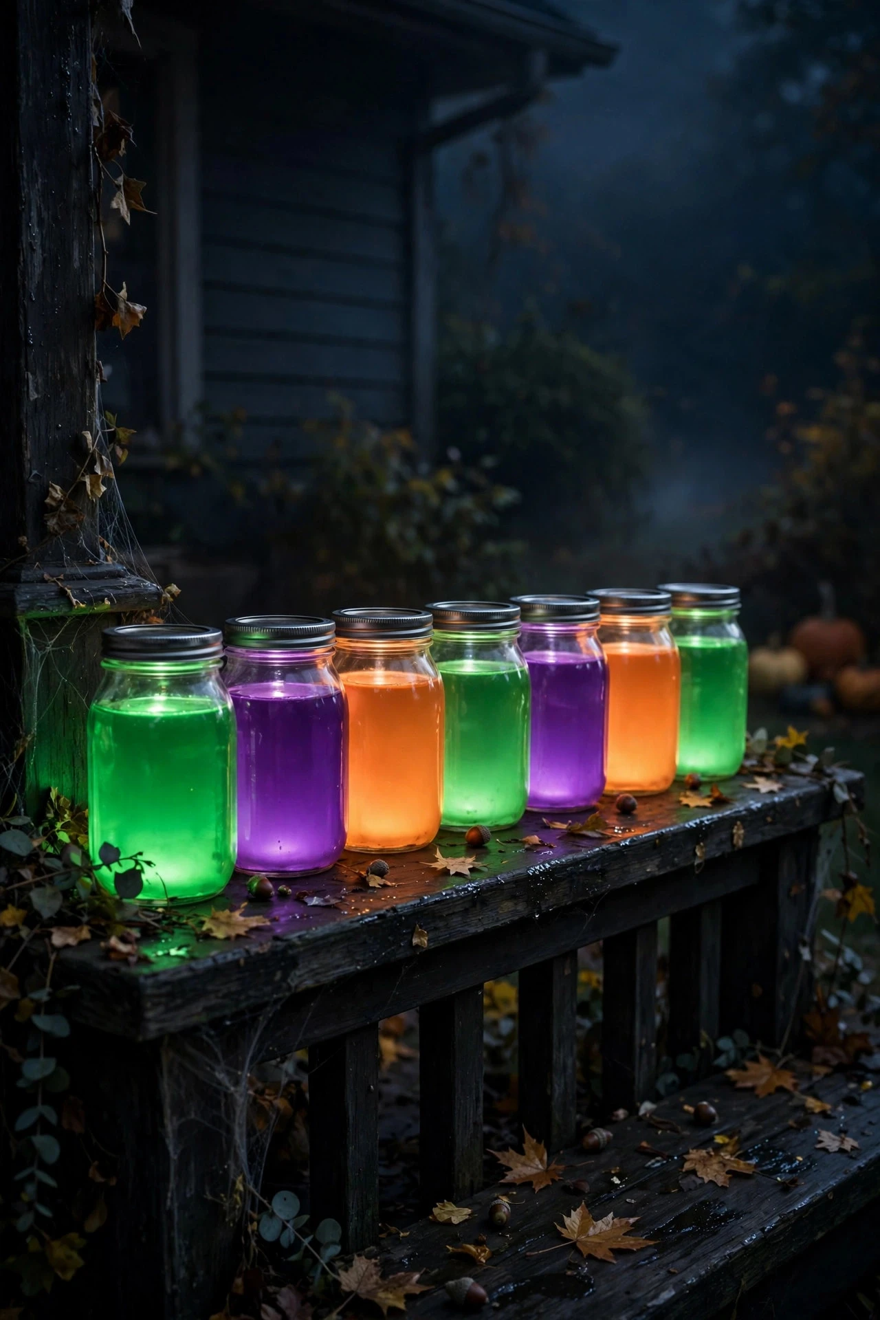 Mason jars filled with colored glowing liquid lined up on a dark porch for Halloween