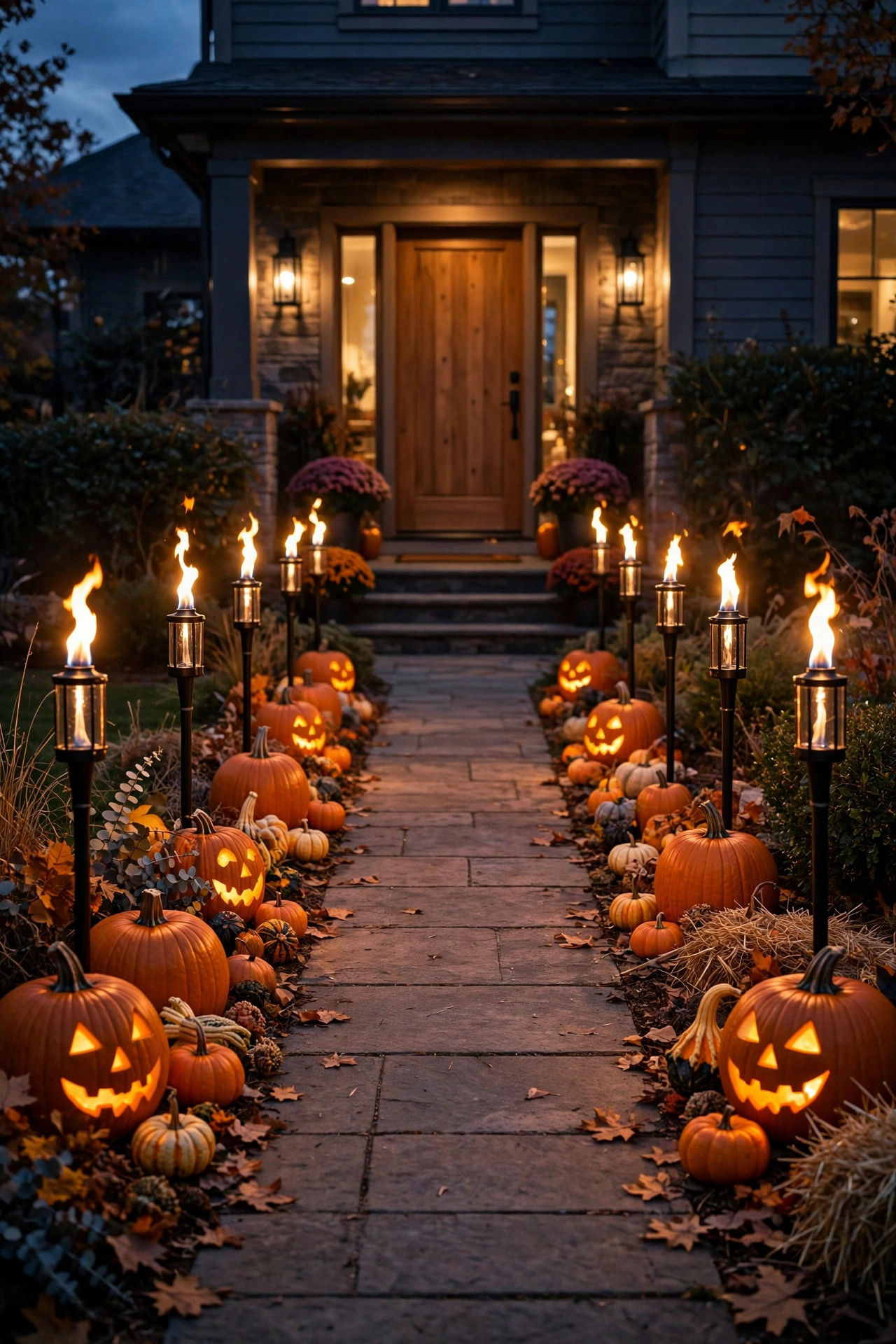 Front walkway lined with flickering solar flame torches and pumpkins for Halloween night