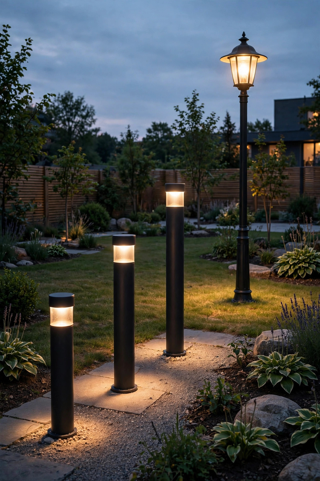 A dusk comparison of bollard light heights beside a tall post light in a yard showing light spread and spacing by the numbers