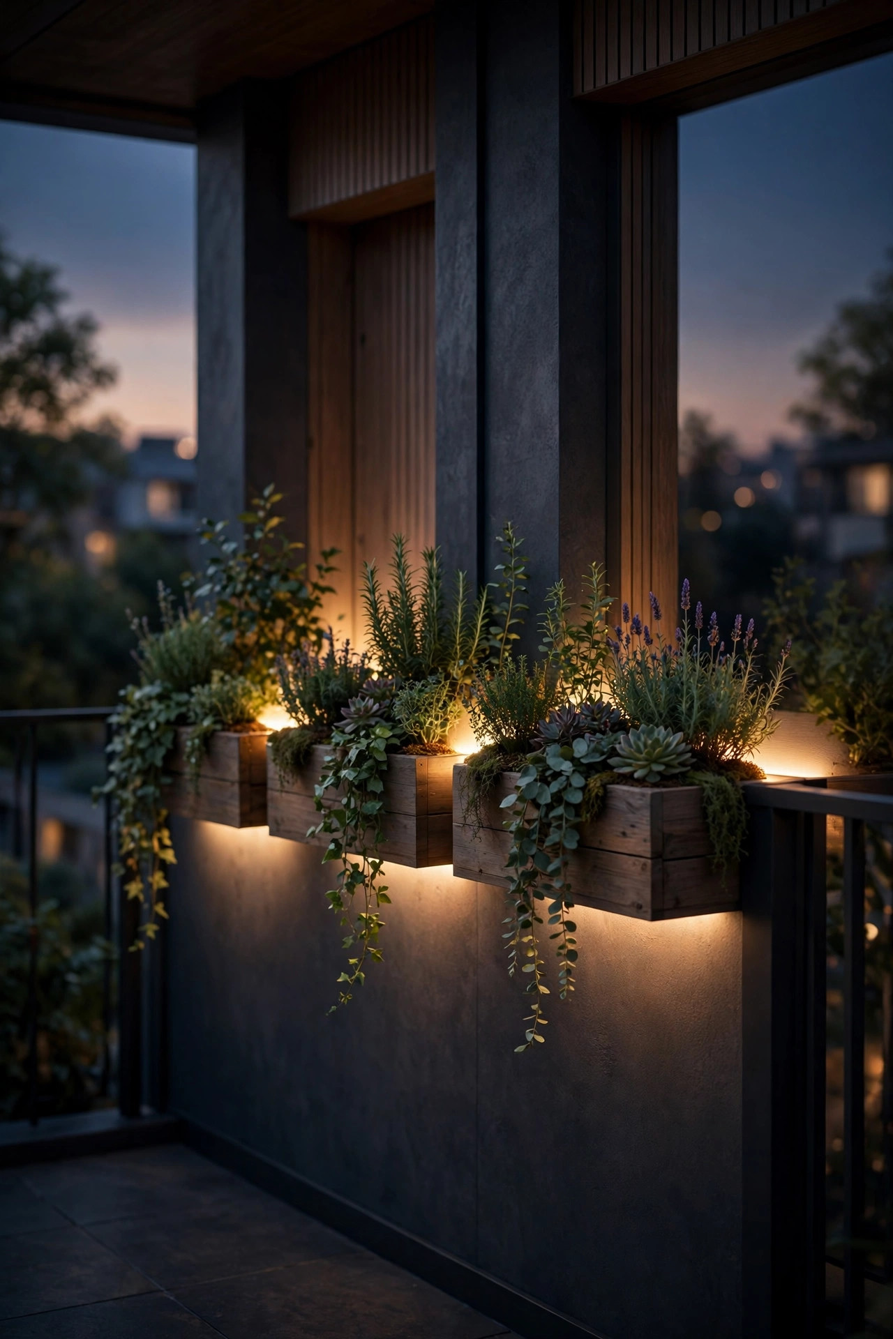Hidden LED strip glowing behind balcony planter boxes creating a soft floating light effect