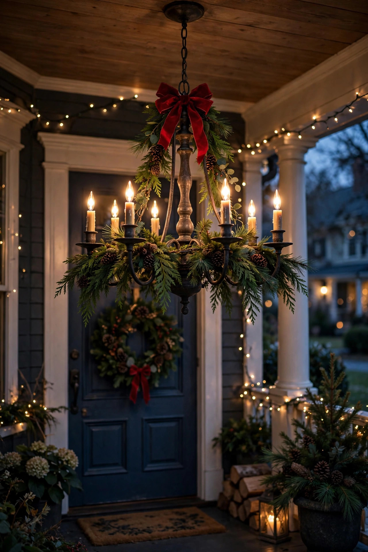 Outdoor chandelier decorated with evergreen garland and pinecones for the holidays