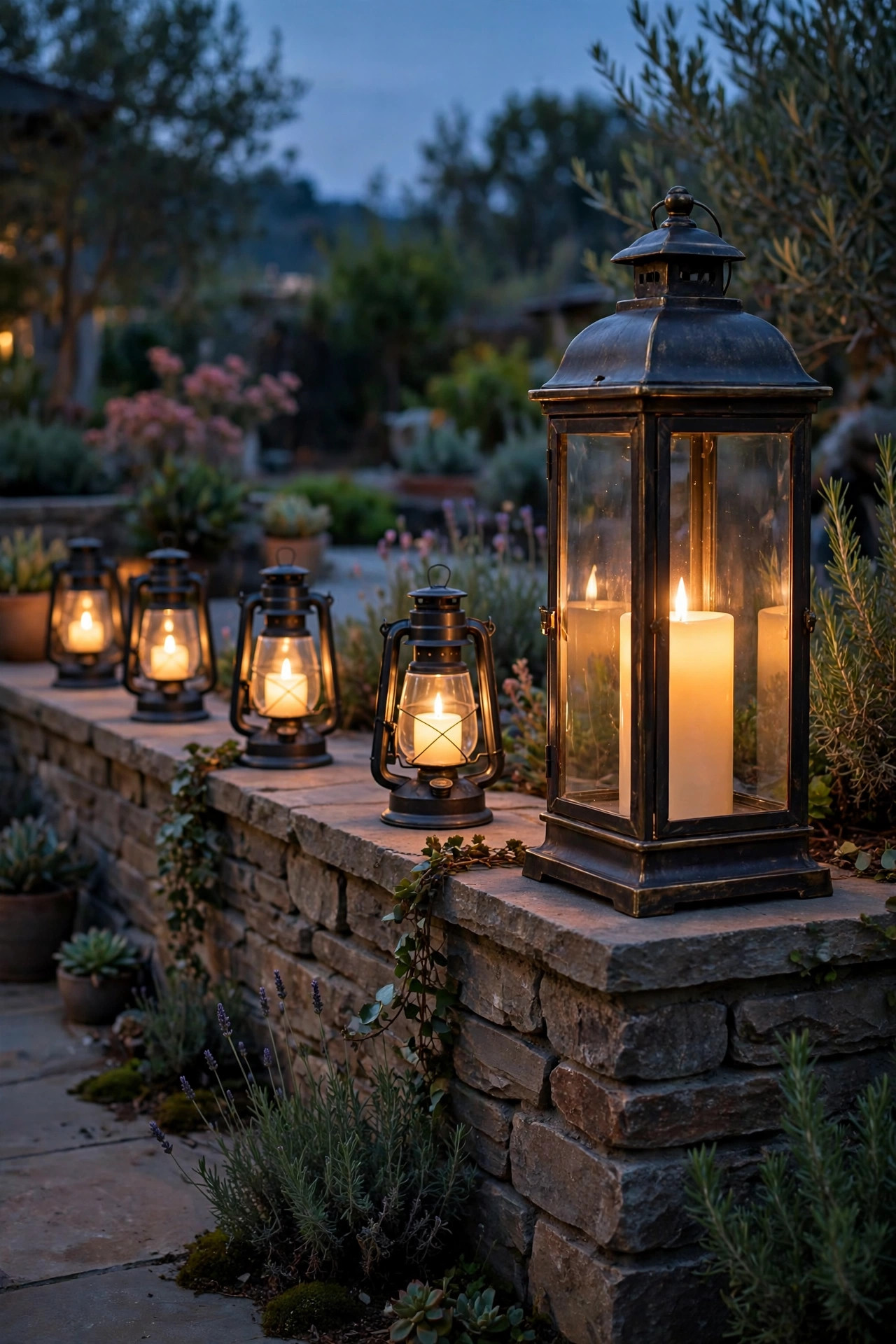 Hurricane lanterns with warm flameless candles spaced along a low patio wall at dusk, the corner lantern largest