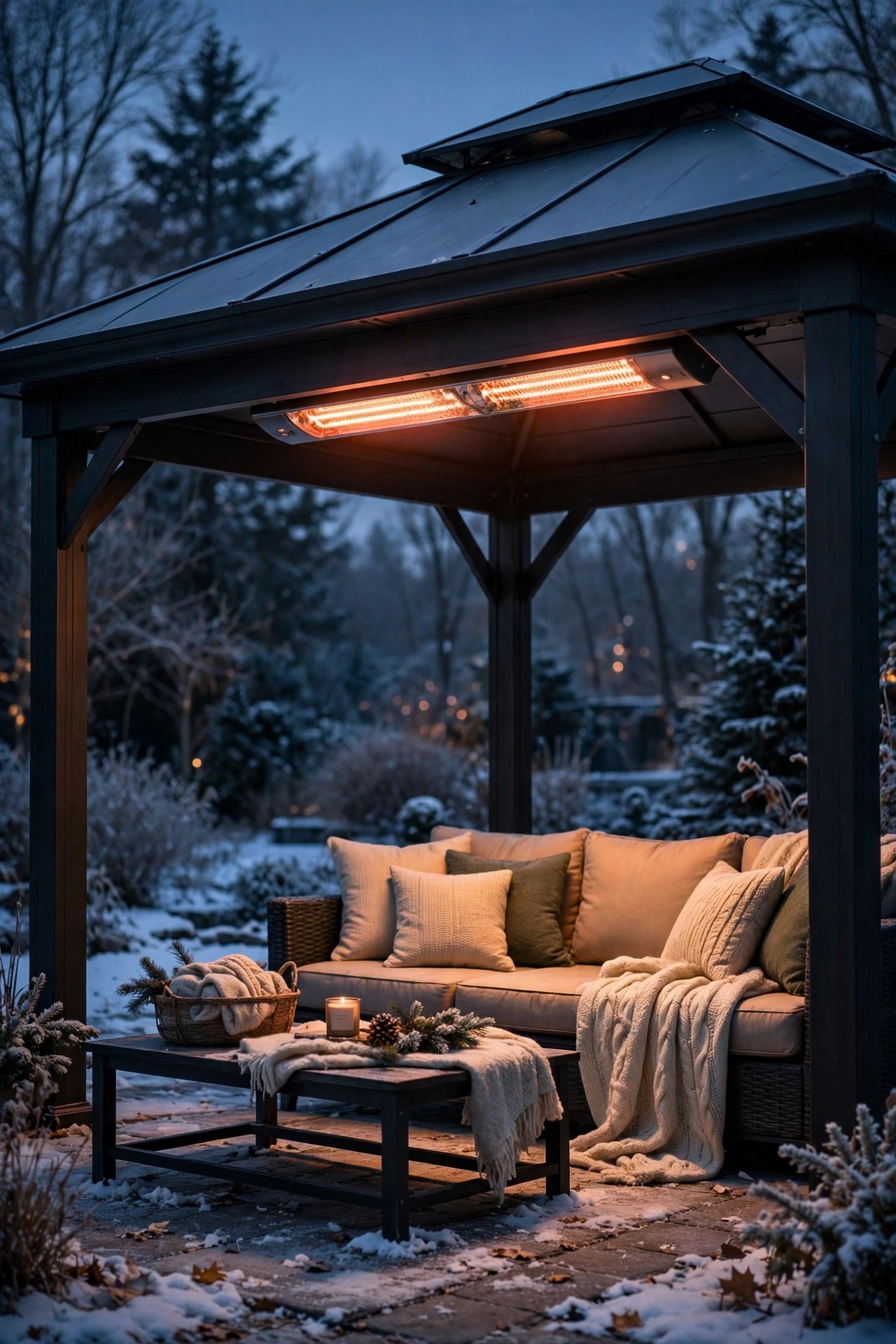 Infrared heater glowing softly under the roof edge of a hardtop gazebo on a cold winter evening, warm light over a seating area