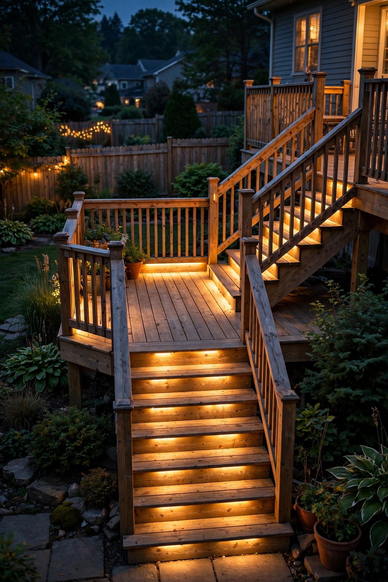 Lit landing where deck stairs turn, glowing at night