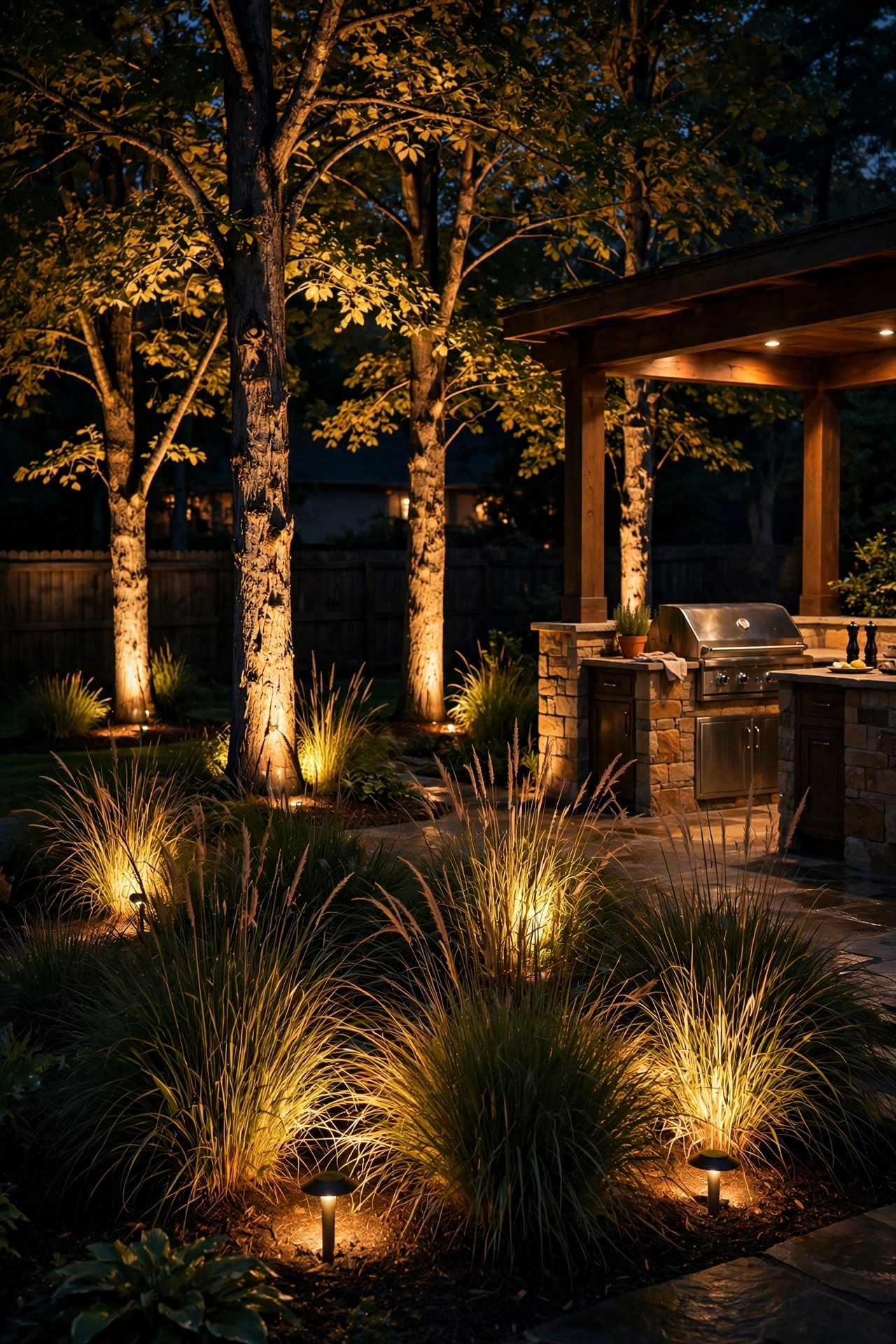Landscape uplights washing trees and shrubs around outdoor kitchen patio at night