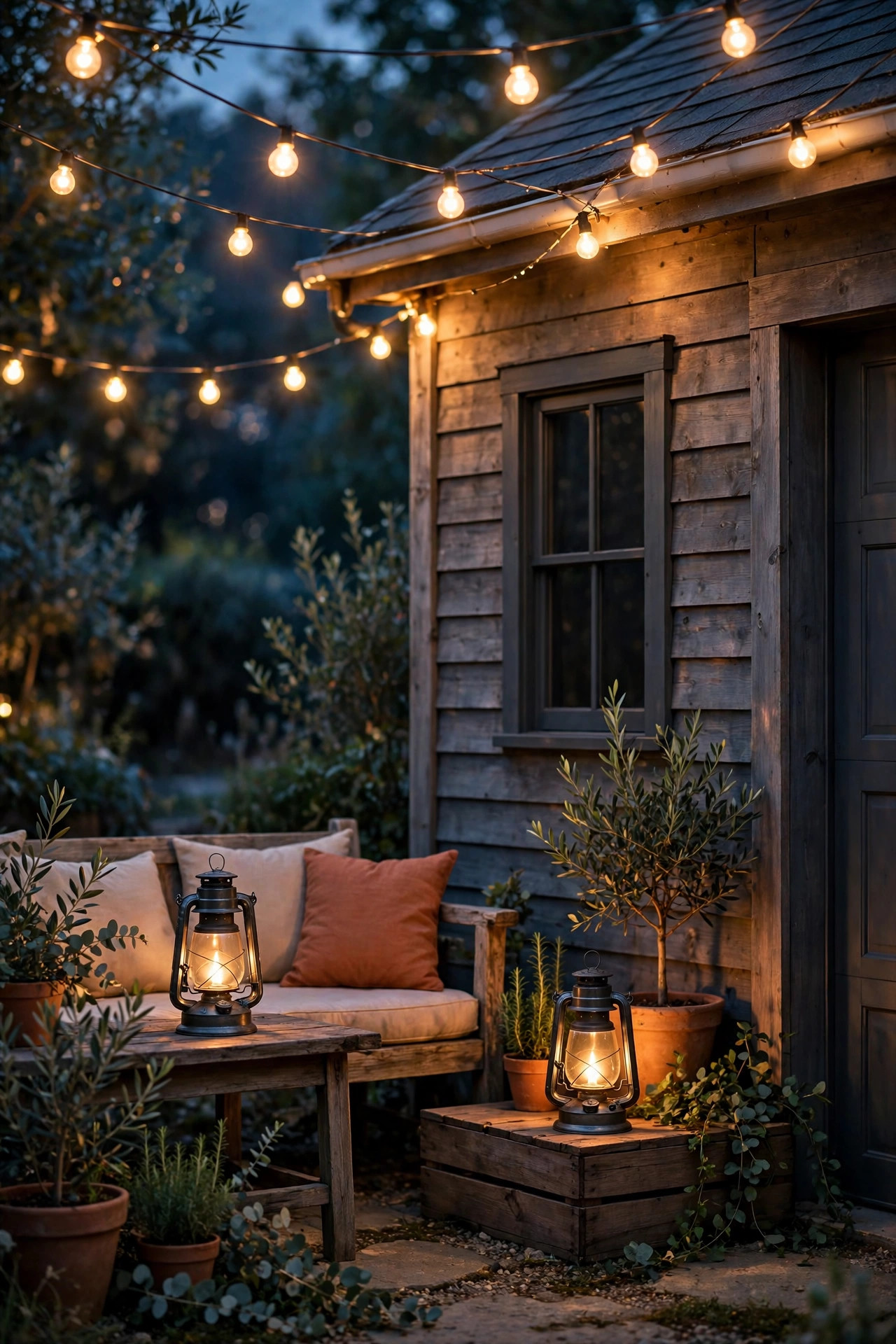 Cozy lantern-lit corner beside a detached garage with string lights overhead and patio seating at dusk
