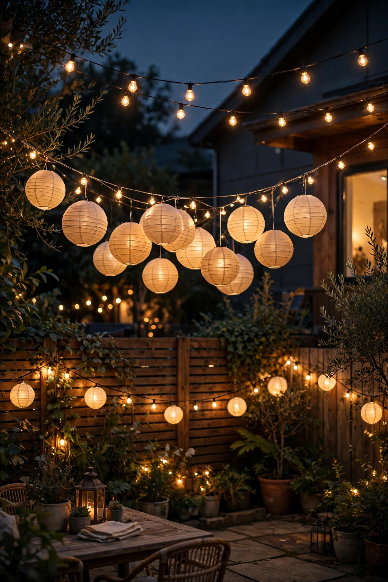 Paper lanterns layered with café string lights at three heights over a backyard at night