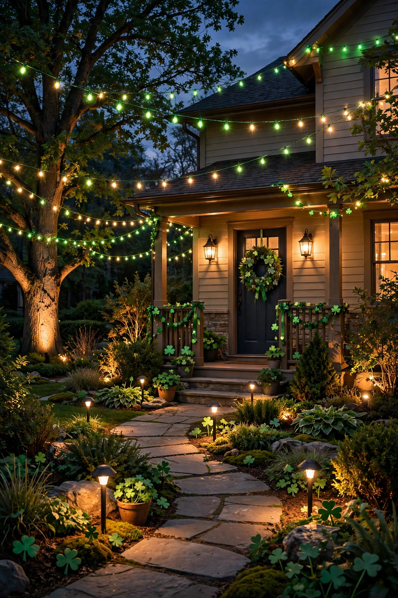 Fully layered St. Patrick's Day yard with green string lights, uplighting, path lights and porch lanterns at dusk