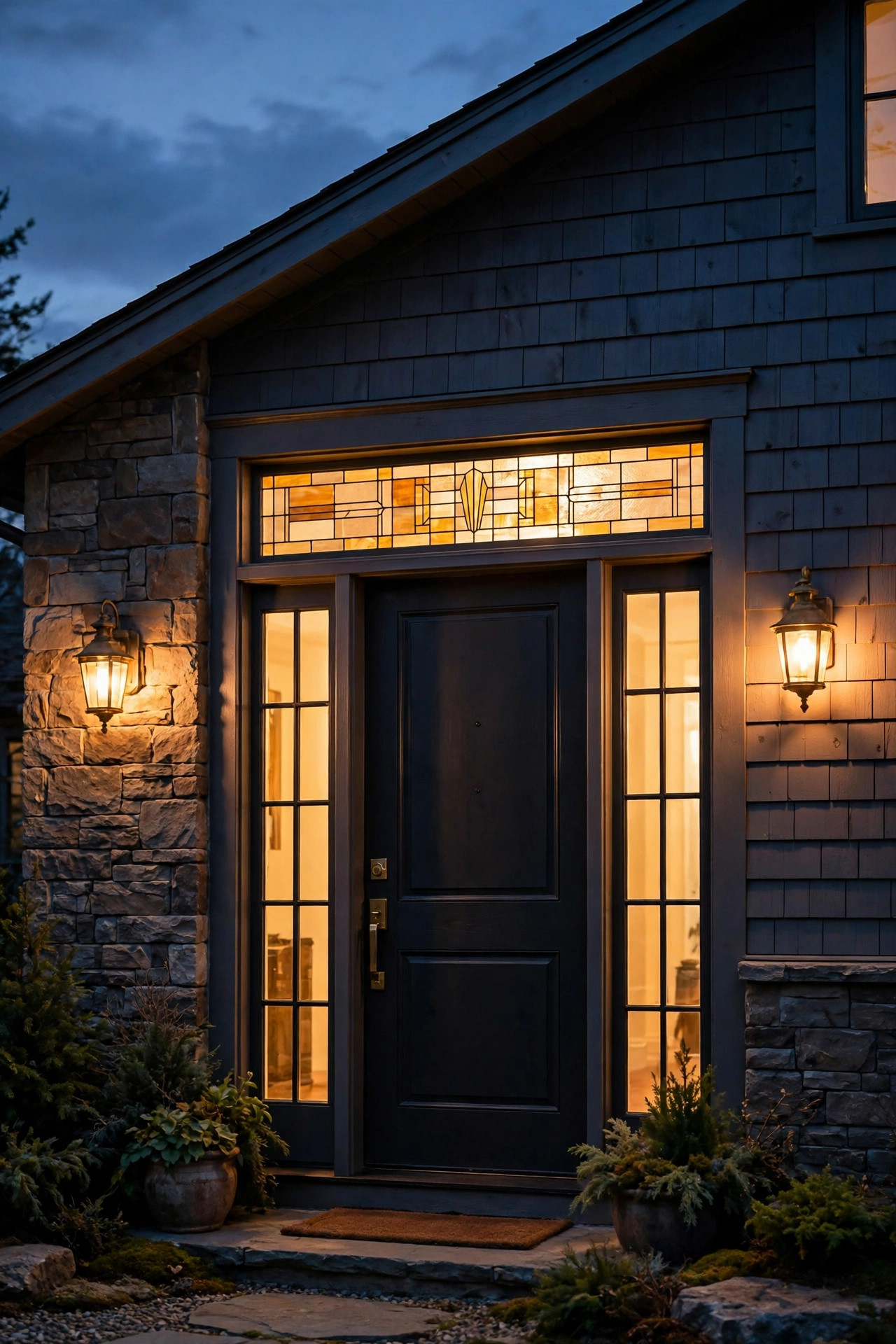 Layered sidelight and transom lighting with sconces, glowing glass and a transom accent at dusk