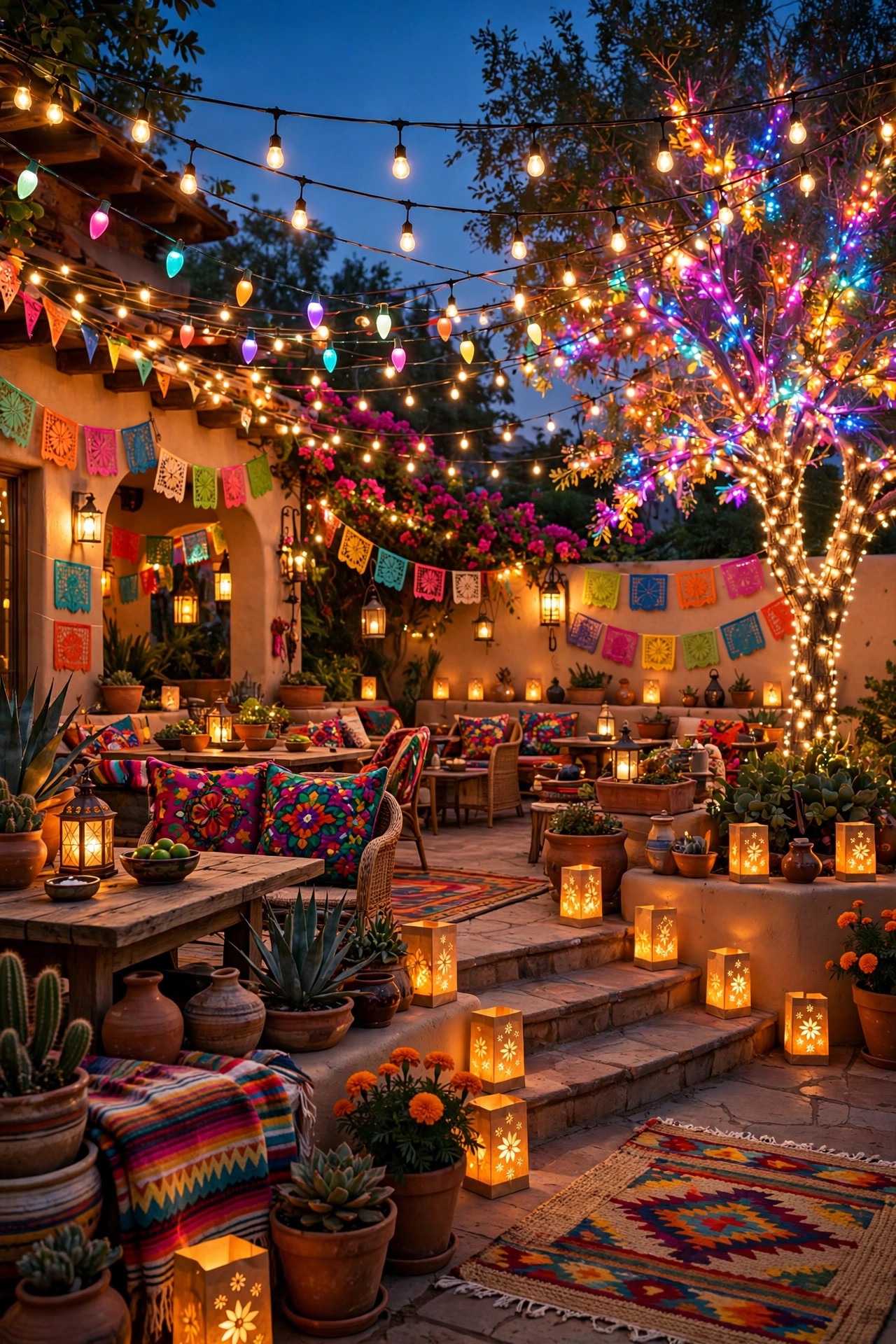 Fully layered Cinco de Mayo patio at dusk with string light canopy, lanterns, luminarias, and a glowing tree