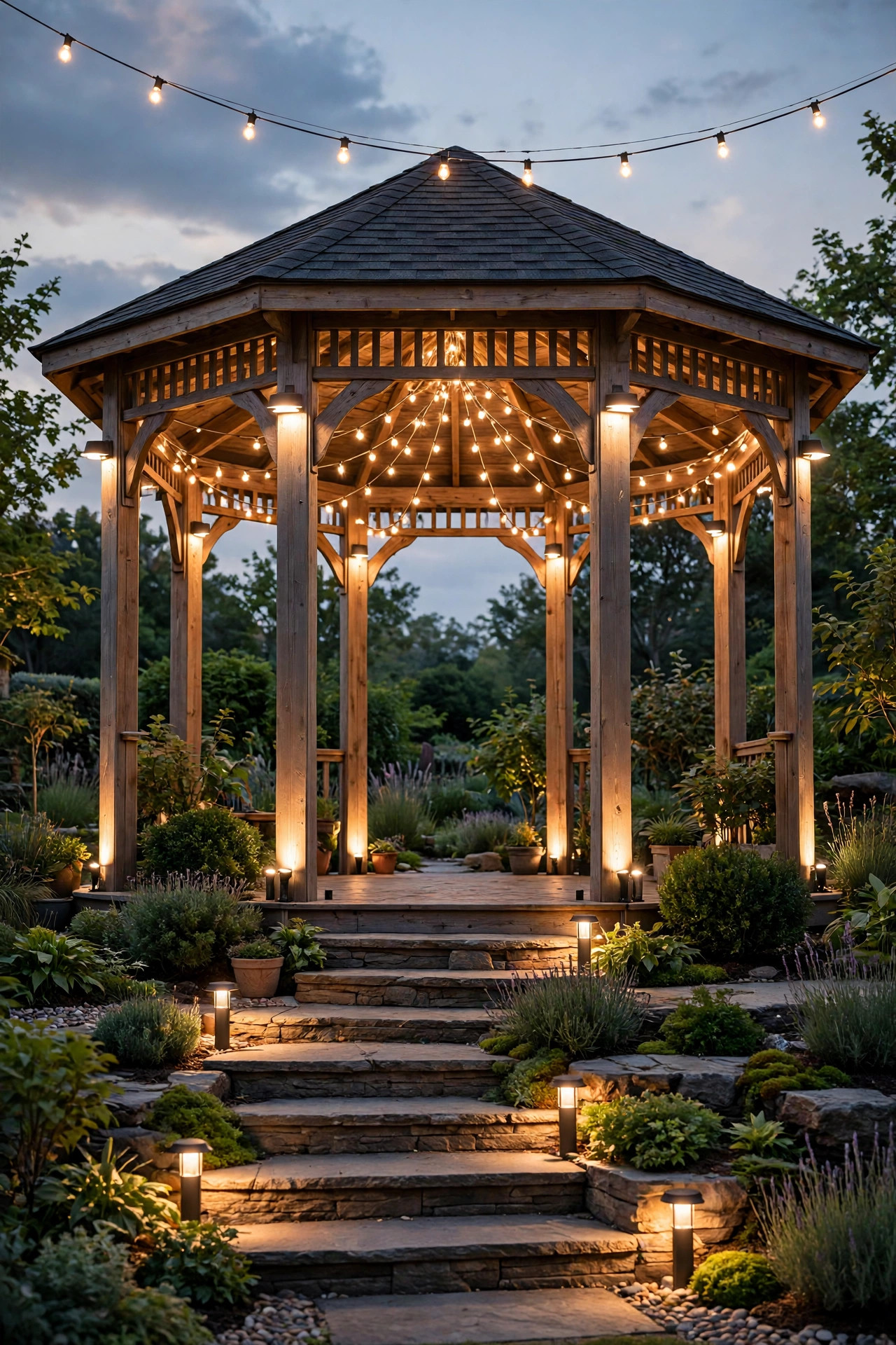 Finished small courtyard with layered lighting at three heights, string canopy, wall lanterns and ground lanterns