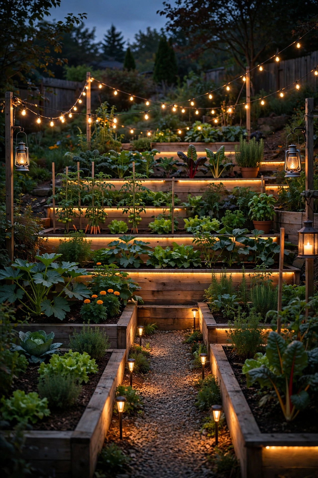 Fully layered raised bed vegetable garden at dusk with path stakes strip lights string lights and lanterns all glowing warm