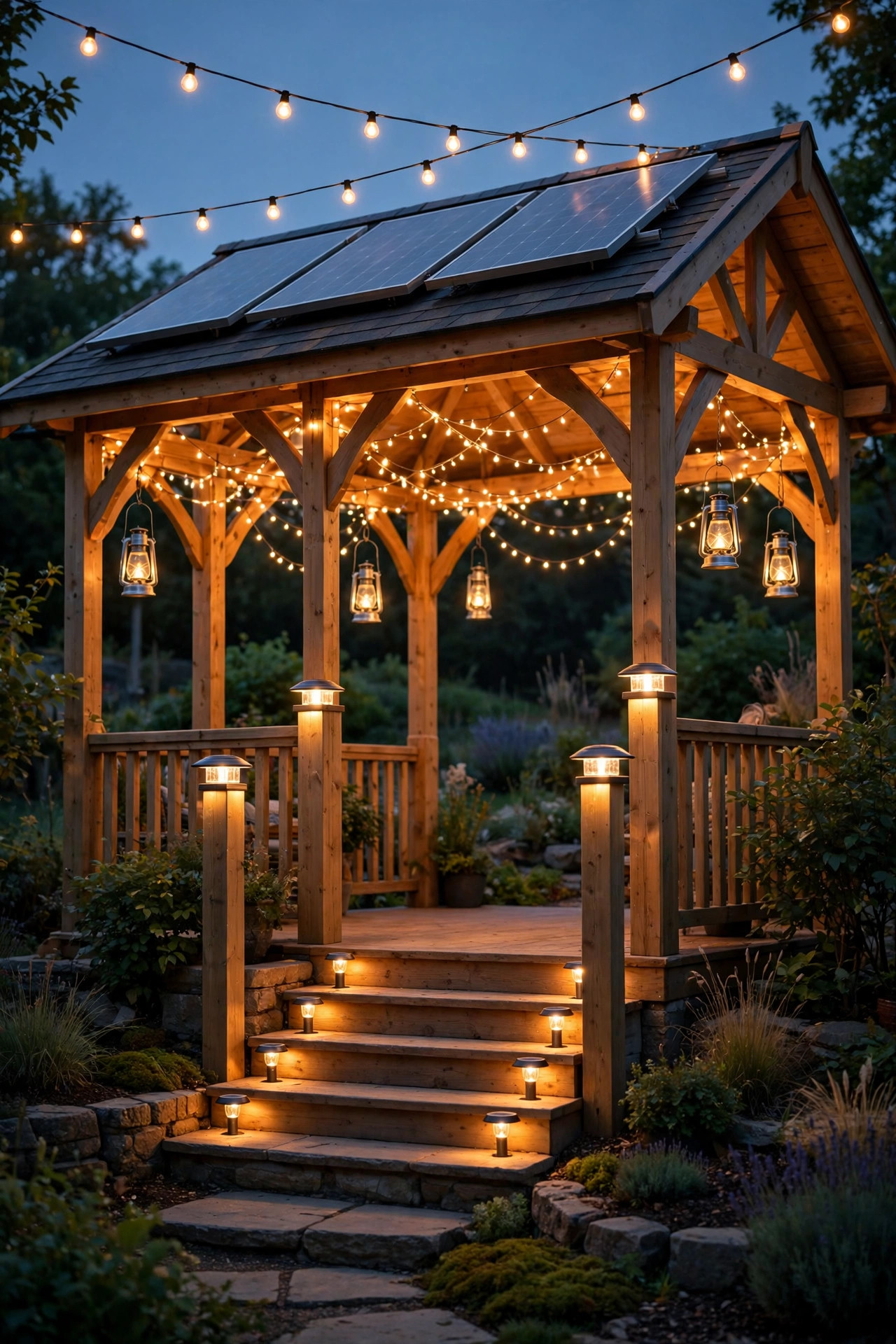 Fully layered solar gazebo lighting with string lights, lanterns, post caps and step lights glowing together at dusk