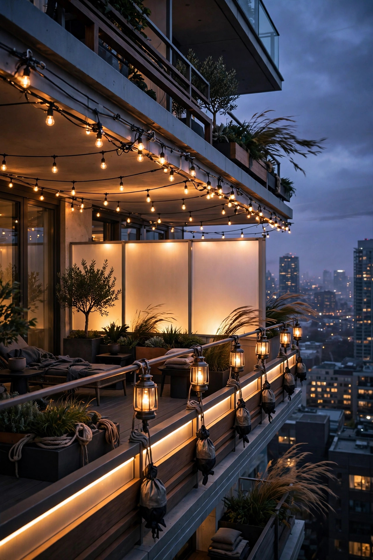 Fully layered high-rise balcony at dusk with secured string lights, glowing windbreak screen, weighted lanterns and rail lights holding steady against the windy city sky