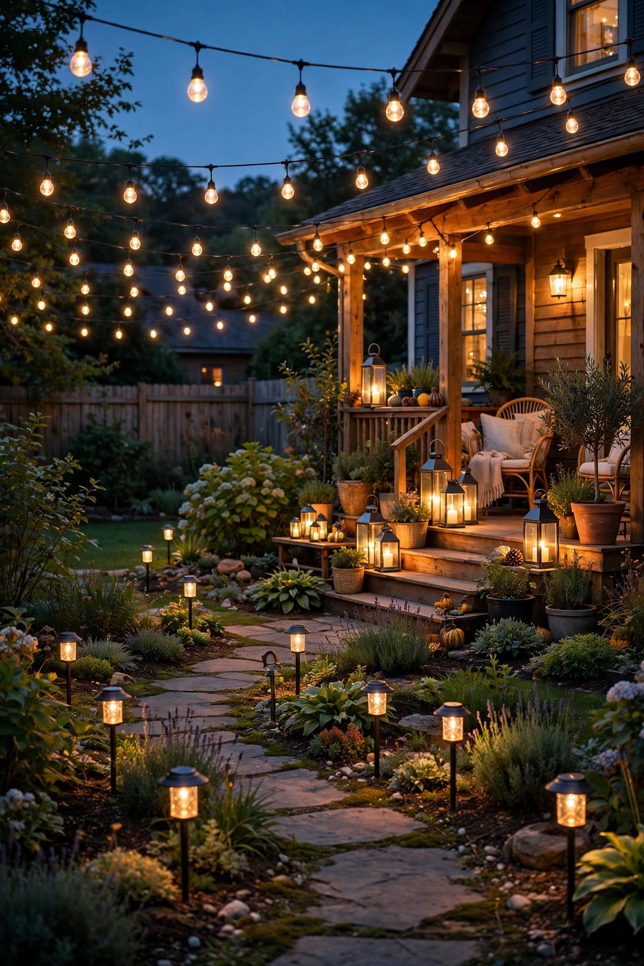 Layered solar lantern scene across a whole yard with path stakes, porch groupings, and string lanterns overhead