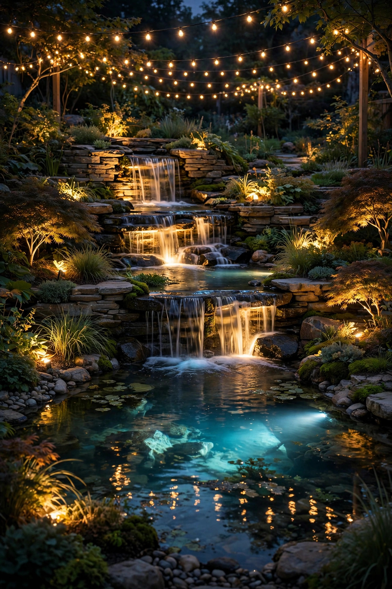 Fully layered garden pond at night with underwater glow, rim lights, uplighted plants, a lit waterfall and string lights overhead