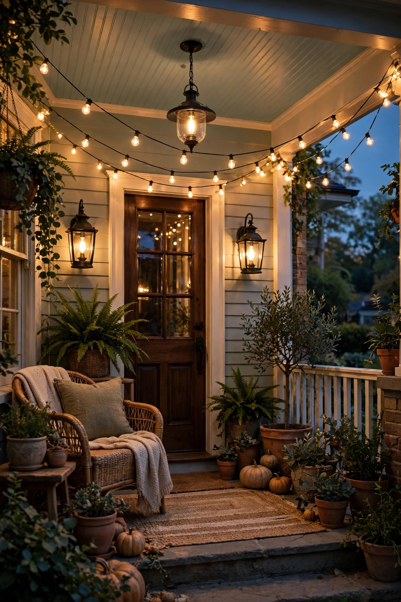 Fully layered front porch at dusk with vintage filament bulbs in door lanterns, a ceiling pendant and string lights glowing together