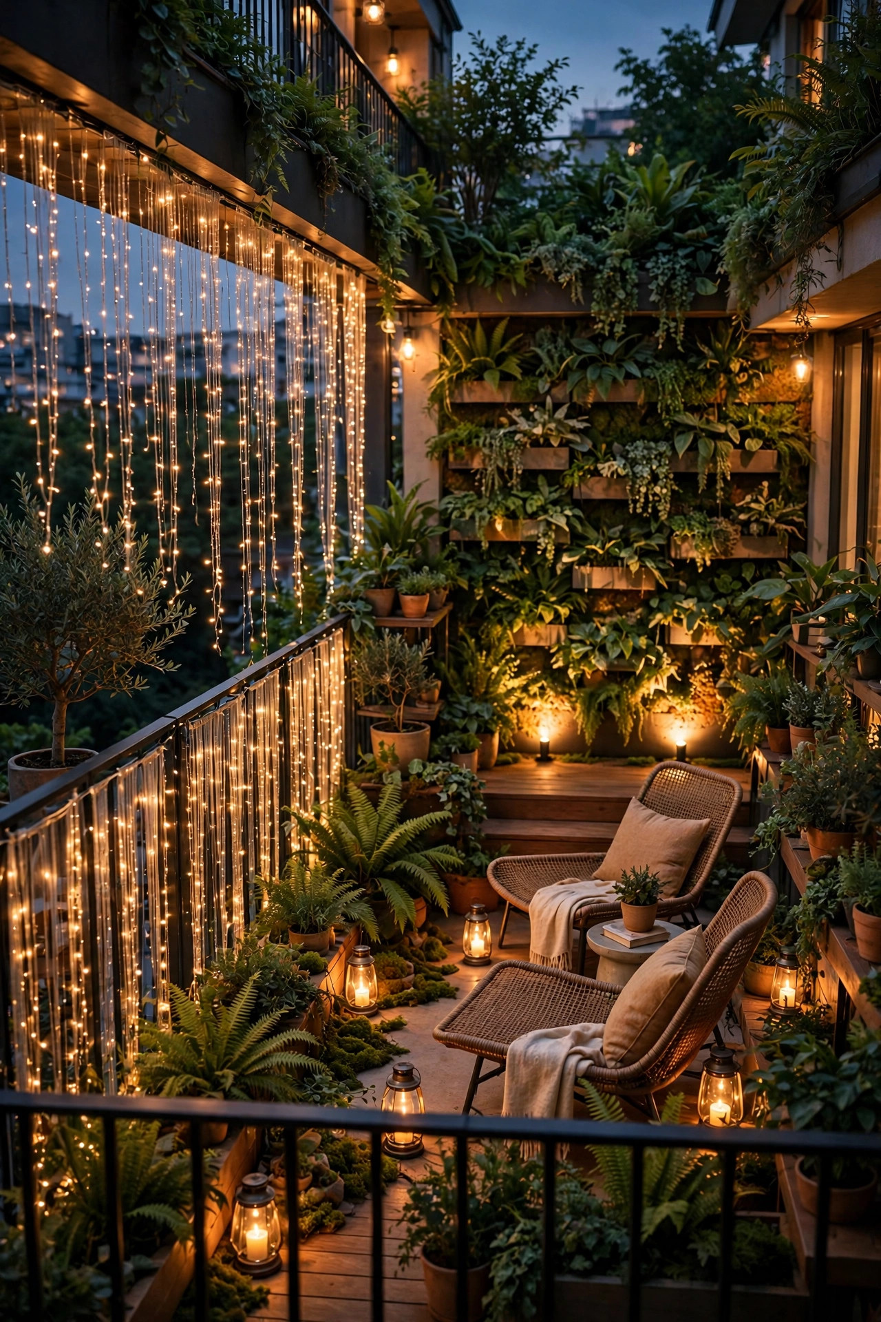 Fully layered balcony at dusk with curtain lights on the railing an uplit planter wall at the end and low lanterns by the chairs forming a complete privacy screen