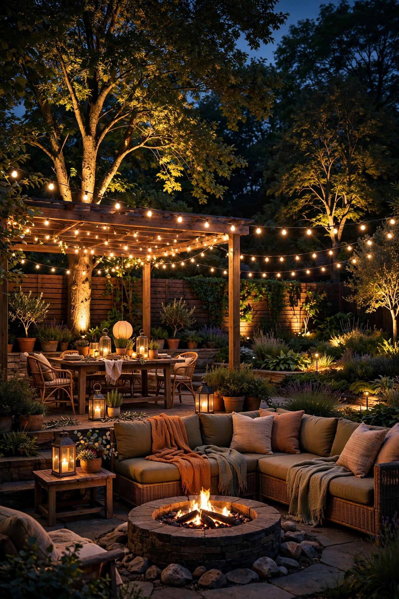 Fully layered backyard at night with string lights, lanterns, fire pit, and uplighted trees for a final summer gathering