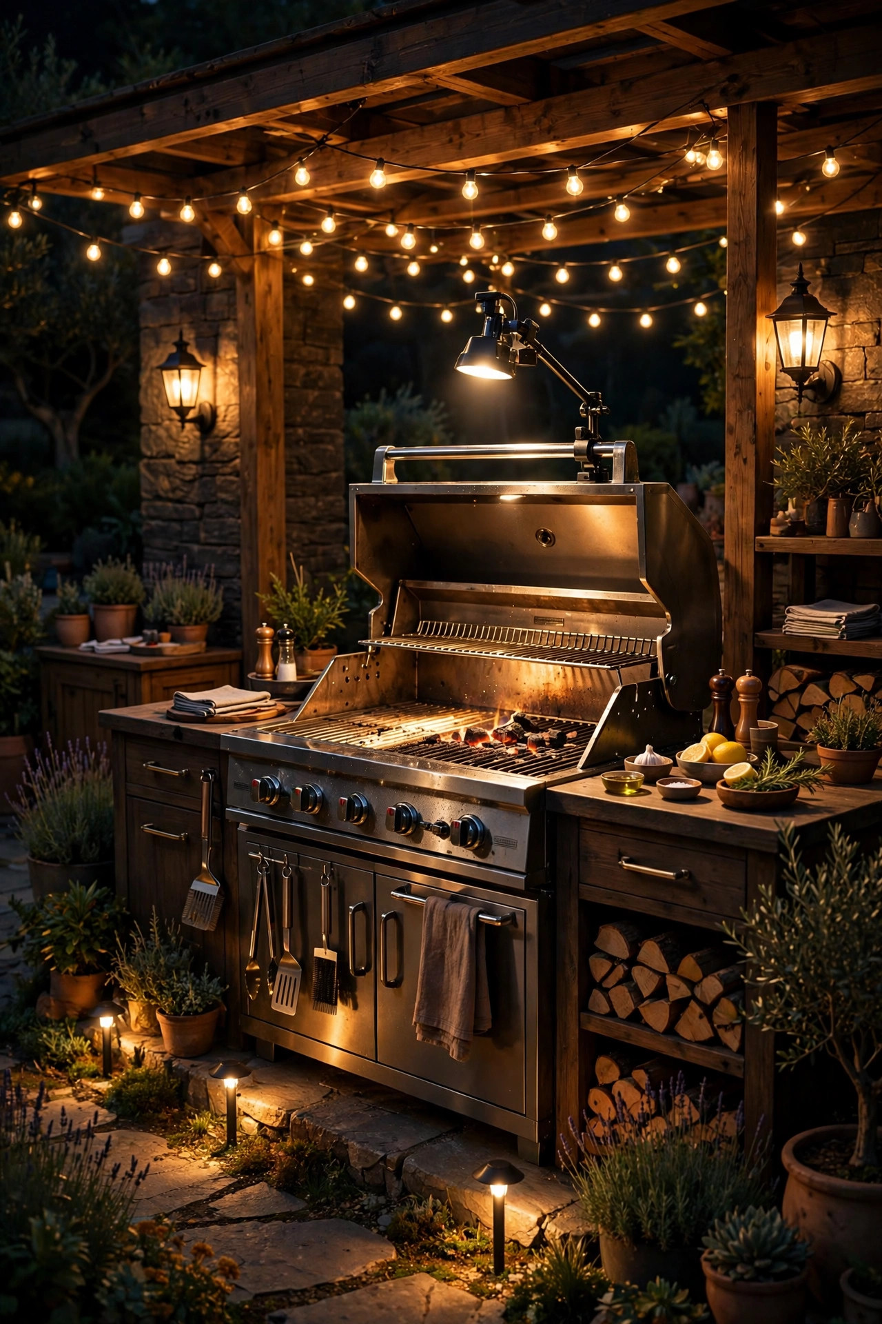 Fully layered grill station at night with task light on the grates, sconces, string lights, and path lights all glowing warm
