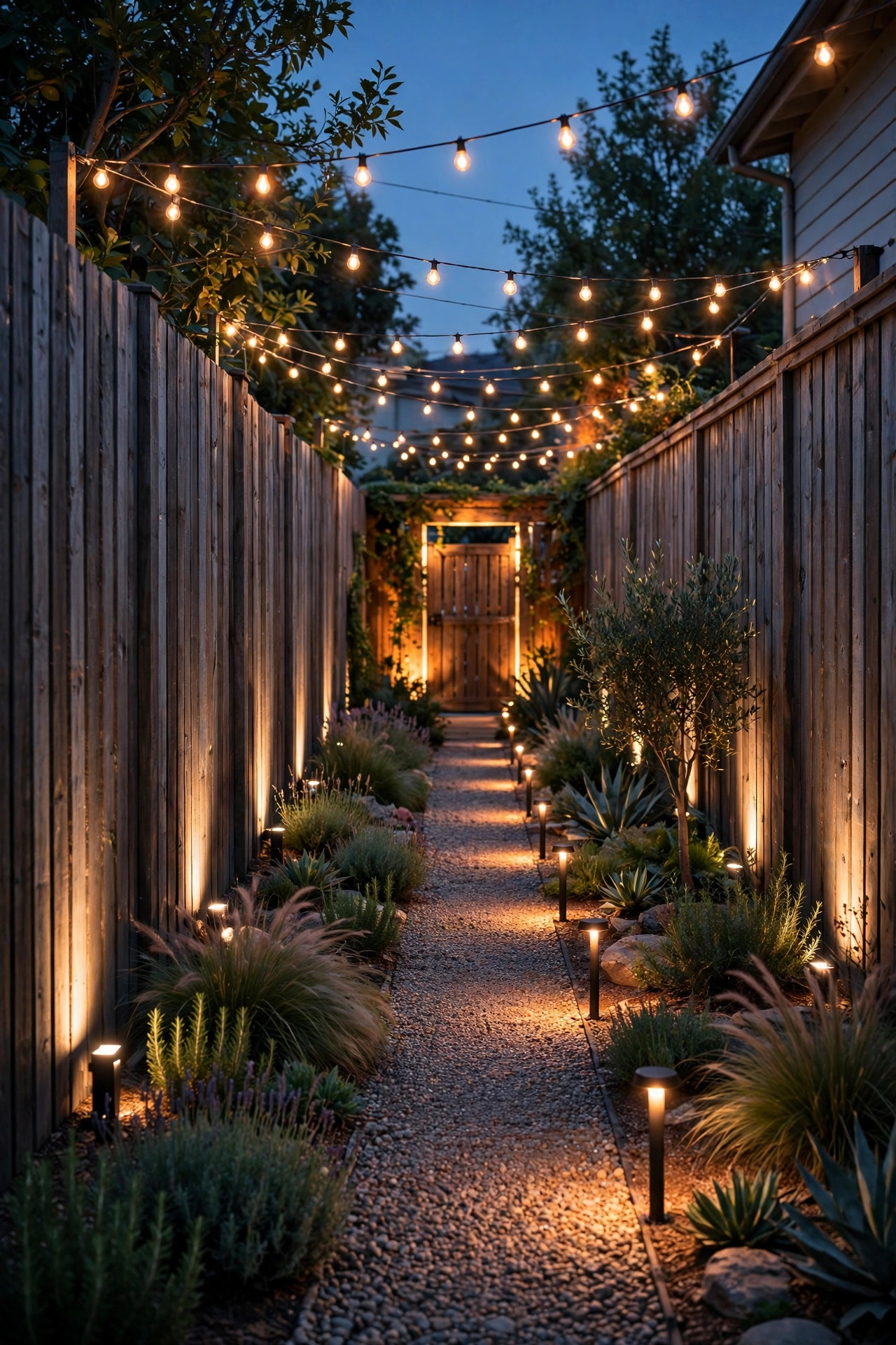 Fully layered narrow side yard at dusk combining fence uplights, low path lights, string lights and a lit gate at the far end