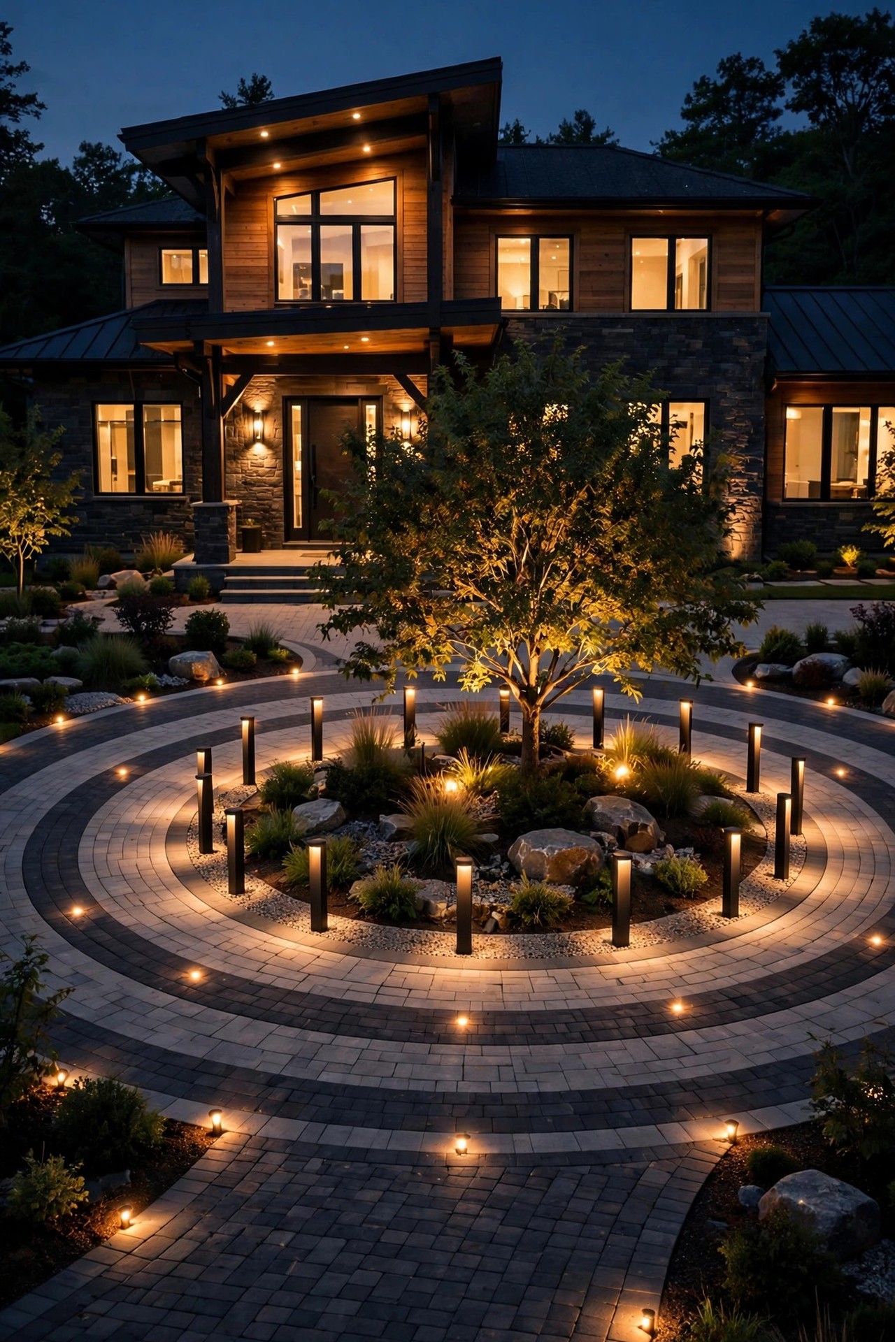 Fully layered circular driveway at night with ground marker lights, a mid-height bollard ring and an uplighted island tree