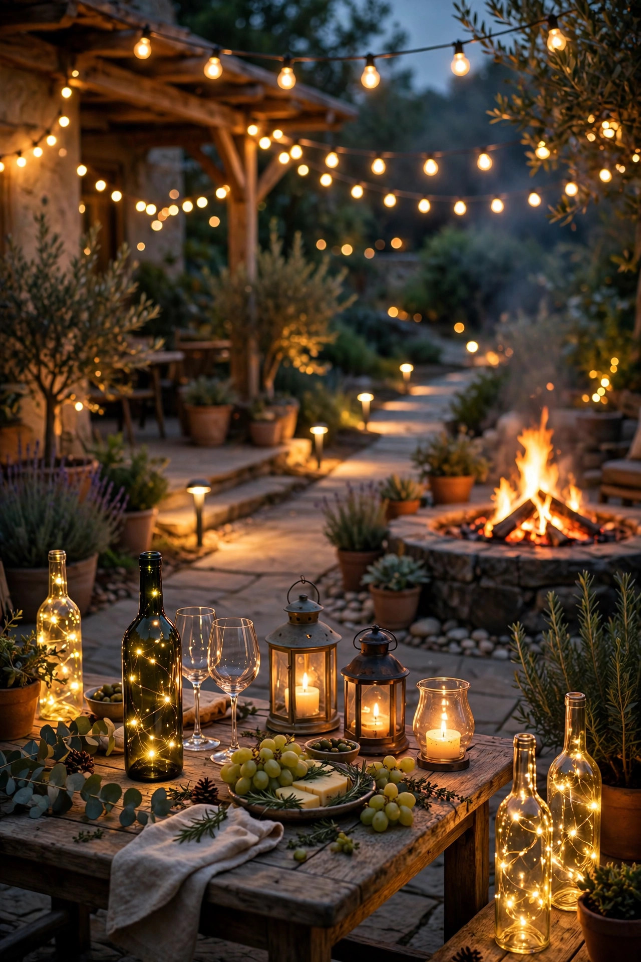 Fully layered outdoor wine night with string lights candle lanterns bottle lights path lights and fire glow on a patio at dusk