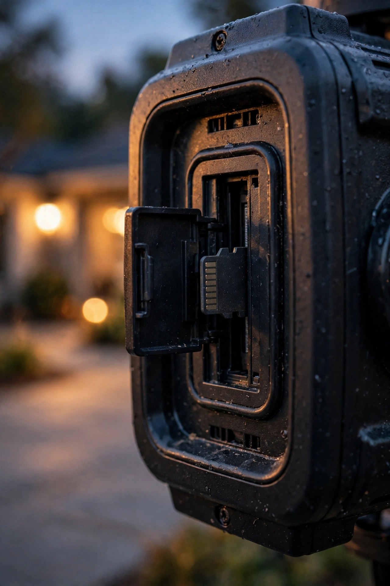 Close view of a memory card slot on a flood light camera housing at dusk with warm driveway light in the background