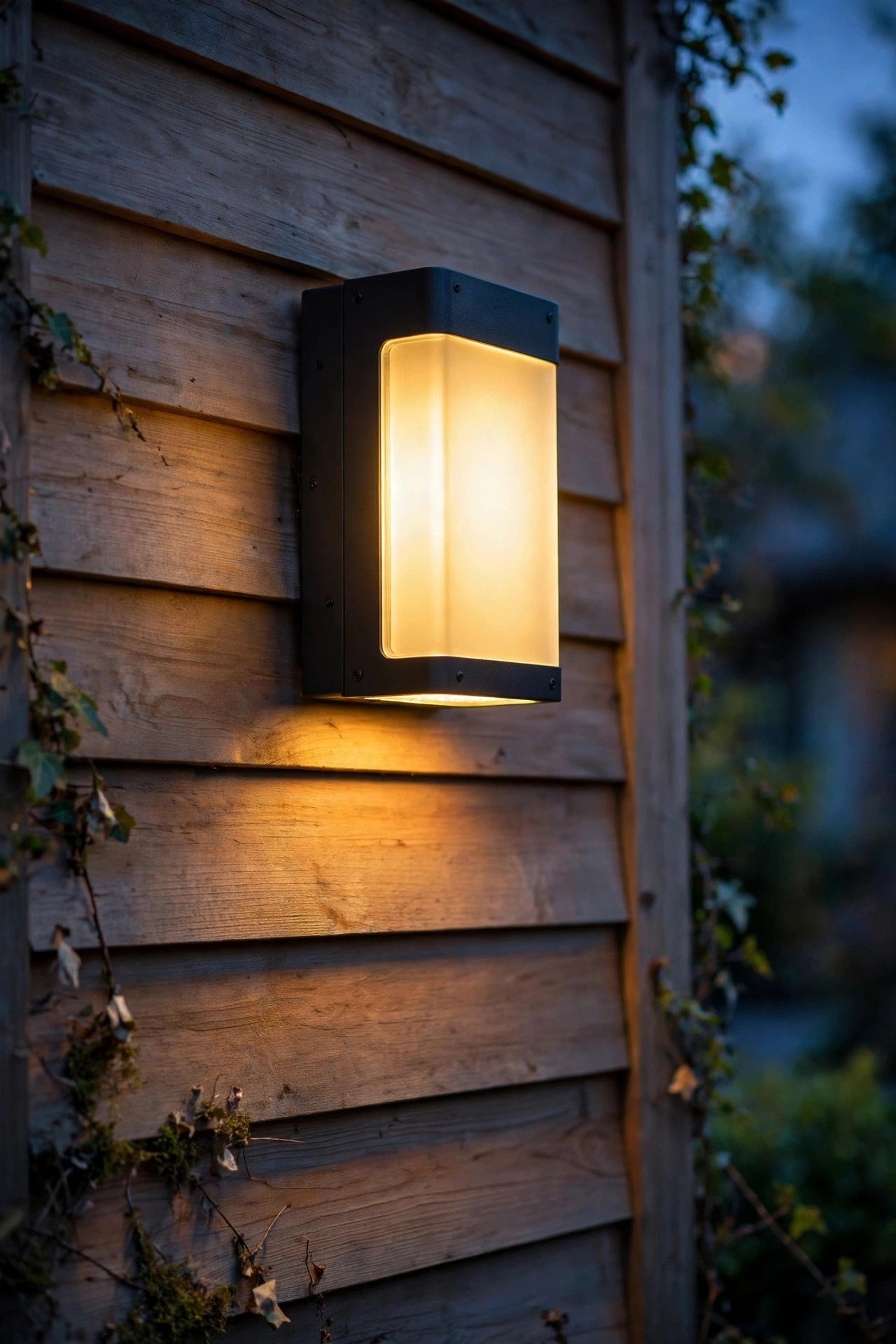 Sealed LED patio fixture glowing warmly on a house wall at dusk with no bulb to change