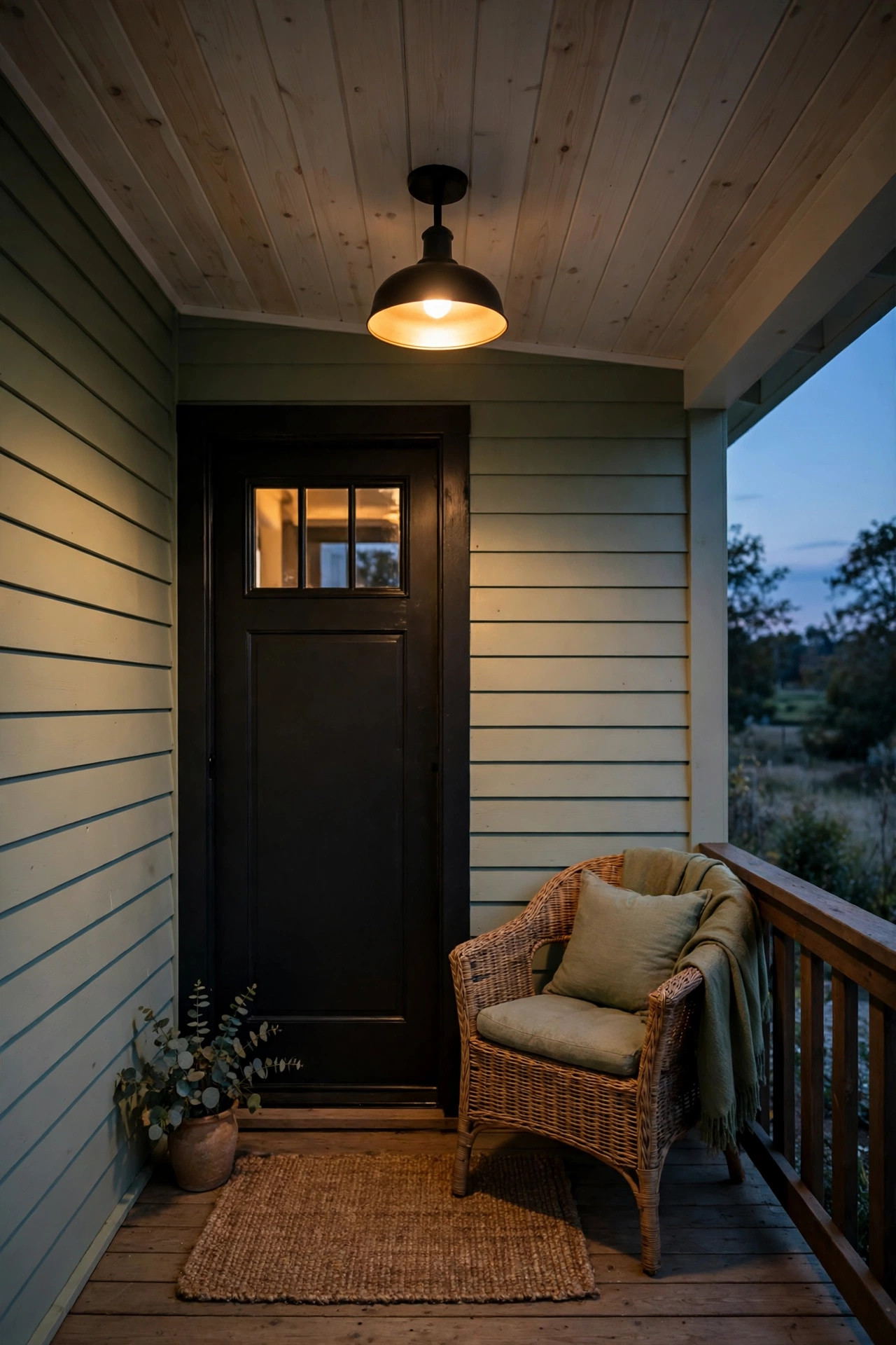 Low-profile stem-mount pendant light on a small covered porch with low ceiling