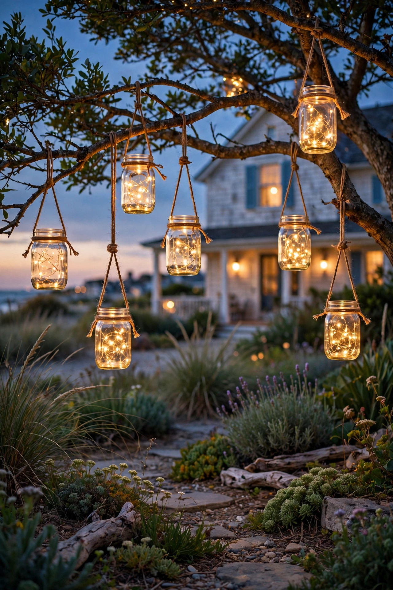 Mason jar lights with fairy lights hanging from tree branches in a coastal yard at dusk