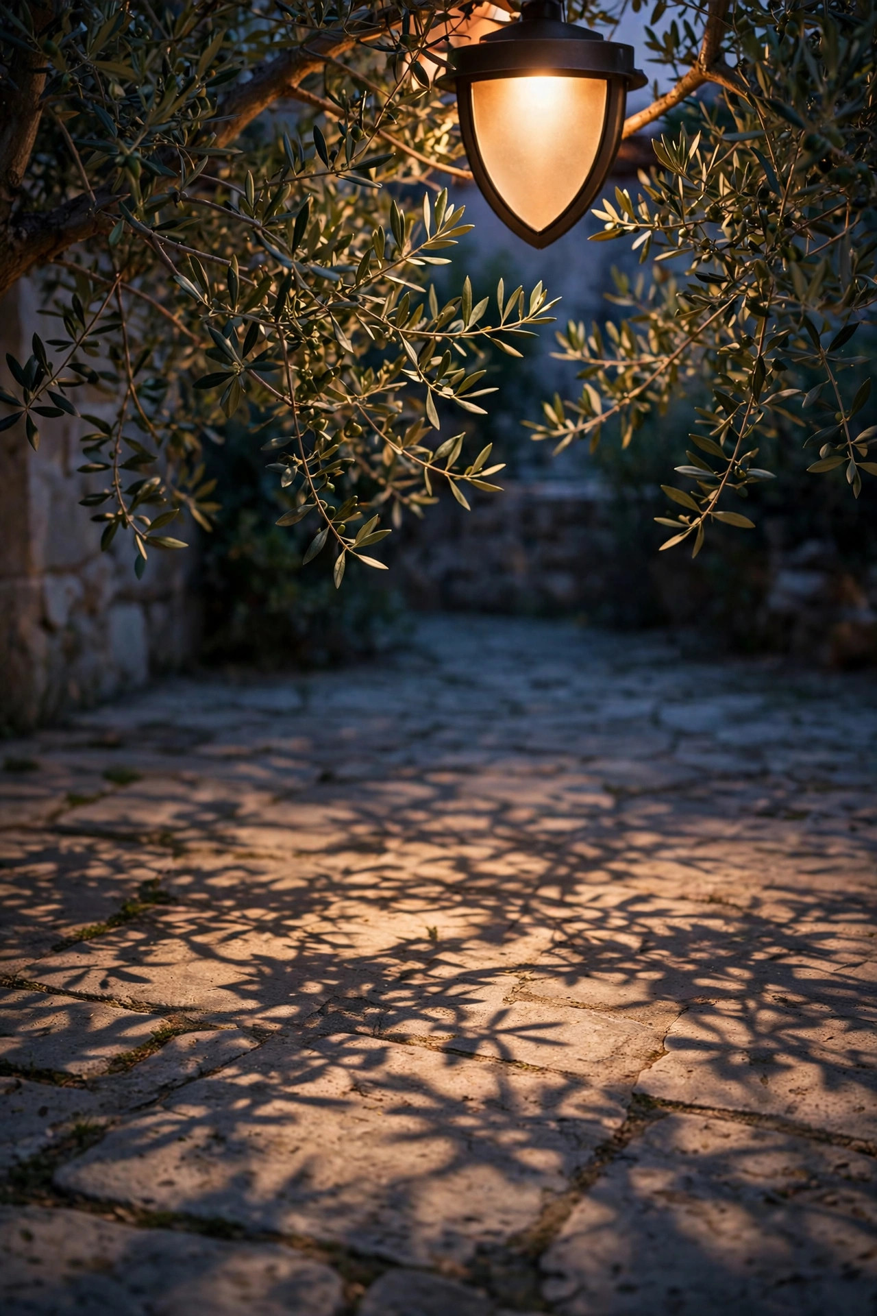 Soft dappled light falling through olive tree branches onto stone courtyard paving from a shielded fixture above