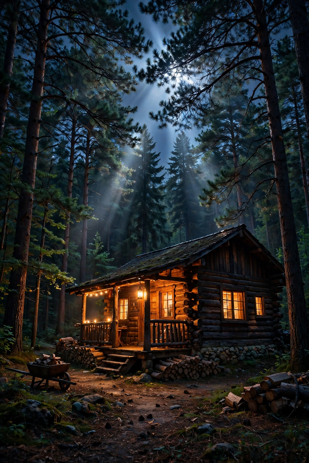 Moonlight-style downlight glowing through tall pines above a rustic cabin yard at night