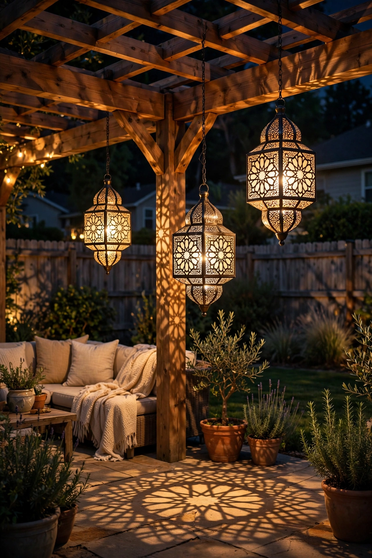 Moroccan pierced-metal lanterns casting patterned light under a pergola