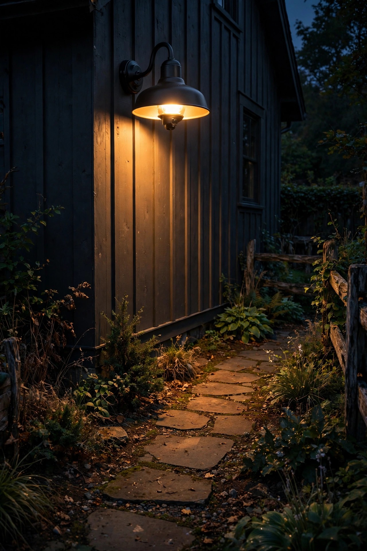 Black barn-style motion sensor light glowing over a farmhouse side yard path at night