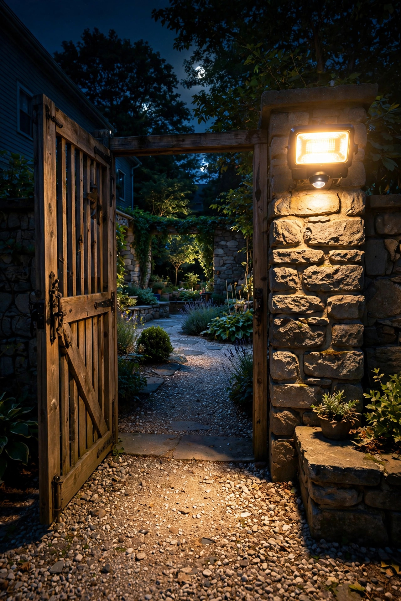 Motion-sensor light glowing beside a courtyard gate at night