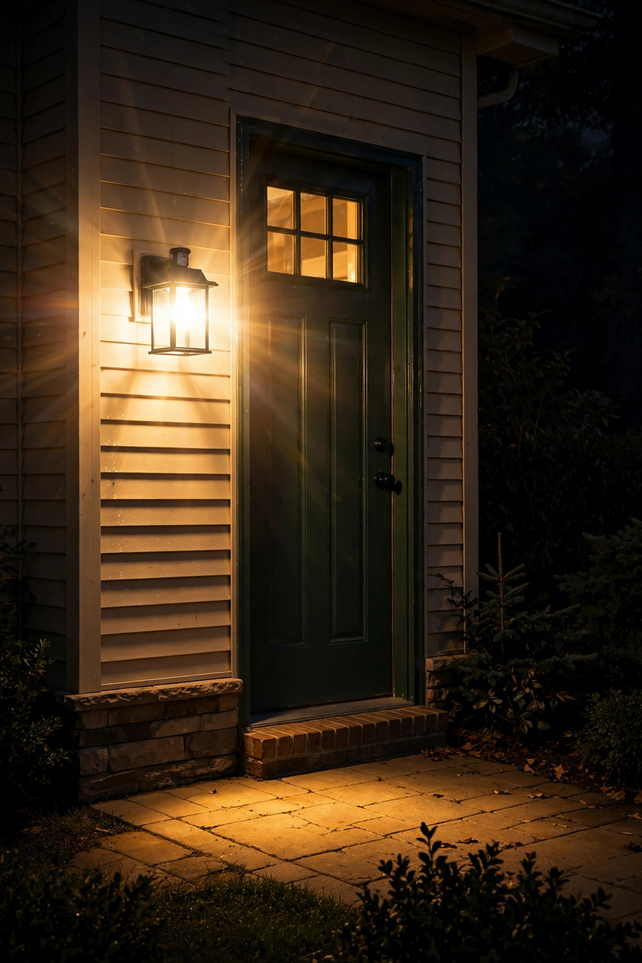 Motion-sensor outdoor wall lantern snapping on beside a side door at night