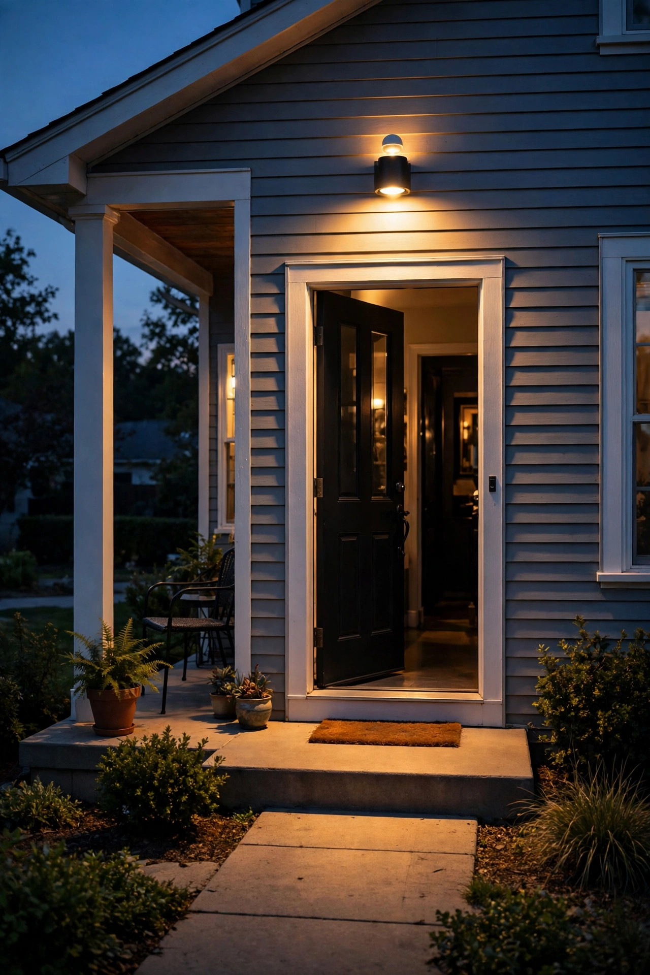 Motion sensor wall light glowing above the door of an open porch lighting the walkway at night