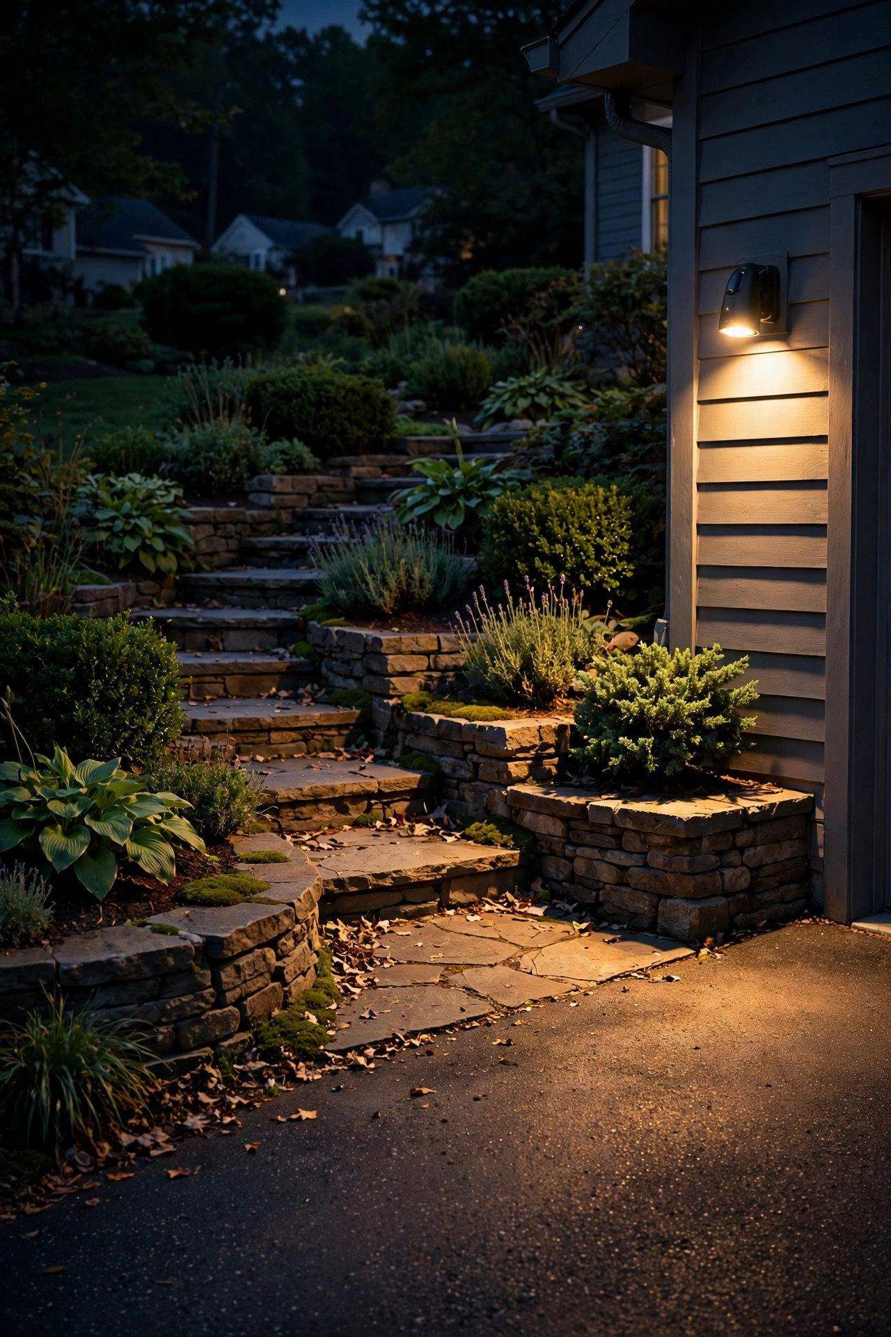 Motion-sensor light glowing where a terraced garden path meets the driveway at night