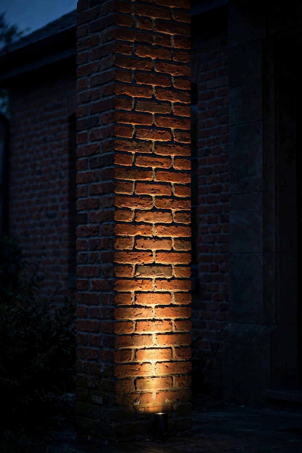 Narrow beam accent light grazing warm light up a brick entry column with no spill beyond the facade