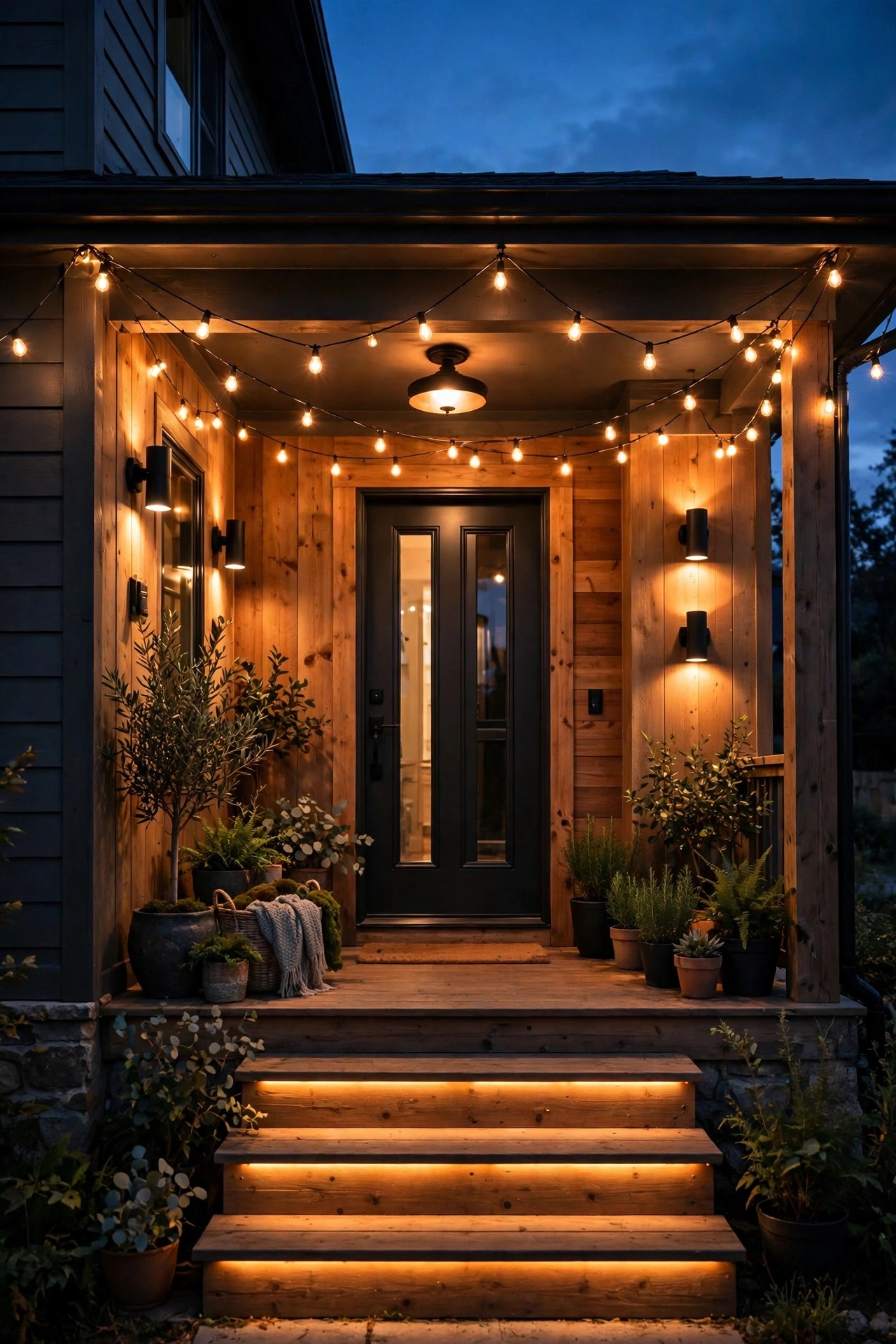 Fully lit smart porch at nightfall with layered sconces, ceiling light, steps, and string lights all glowing together
