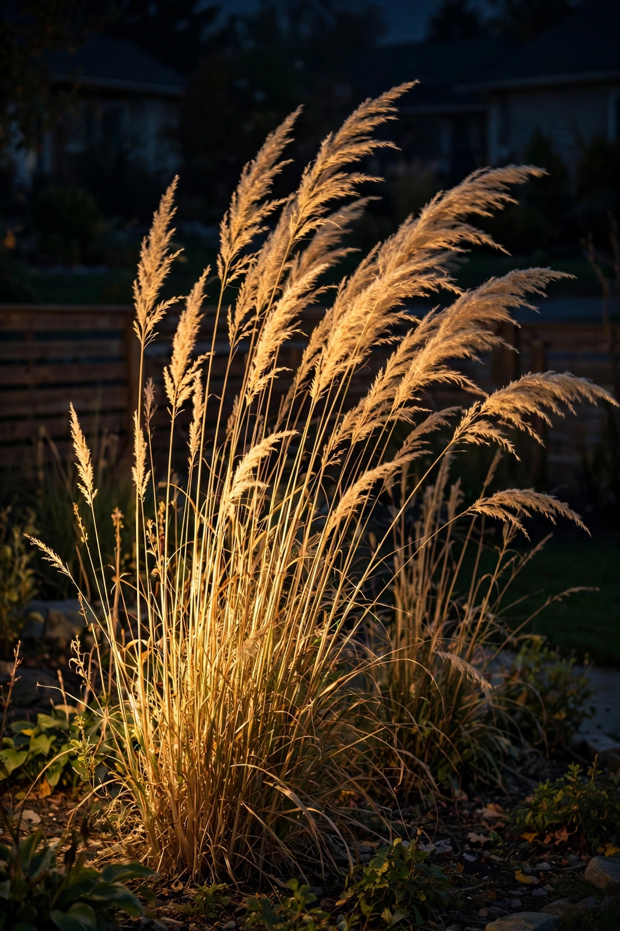 Tall ornamental grasses glowing with warm spotlight at night in the breeze