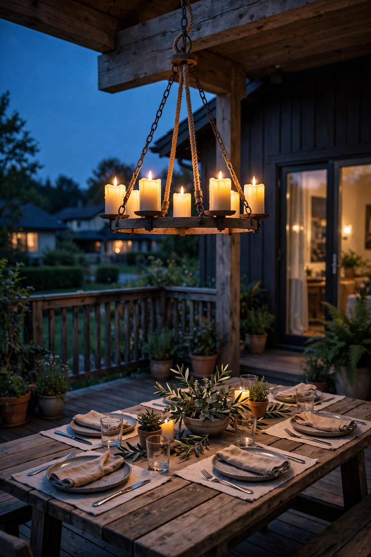 Rustic outdoor chandelier with LED candles hanging over a deck dining table at dusk