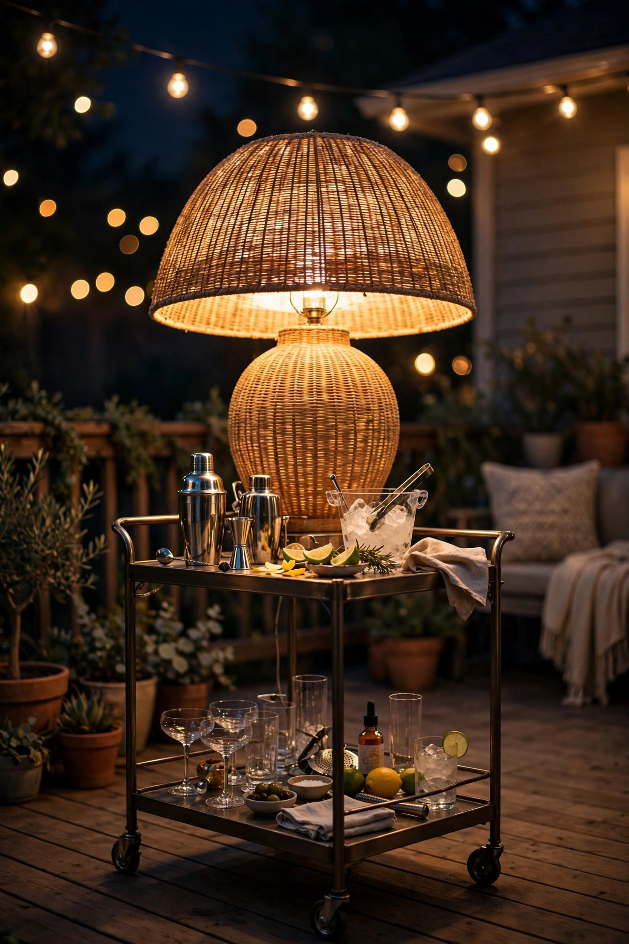 Oversized statement outdoor table lamp glowing on a patio bar cart at night