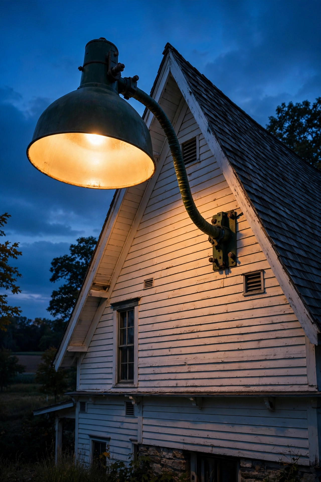 Oversized gooseneck barn light shade on a tall farmhouse gable at dusk
