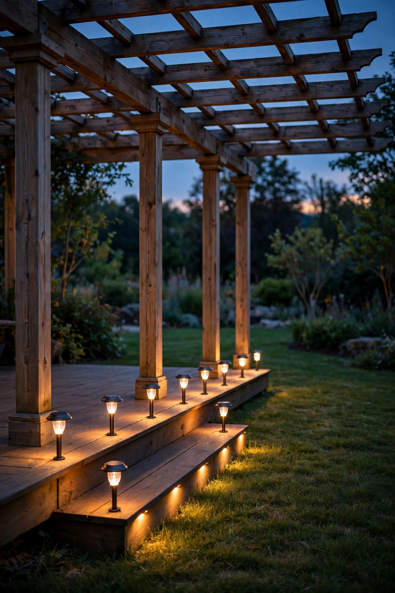 Solar path lights edging the floor of a pergola marking the step down to the lawn at dusk