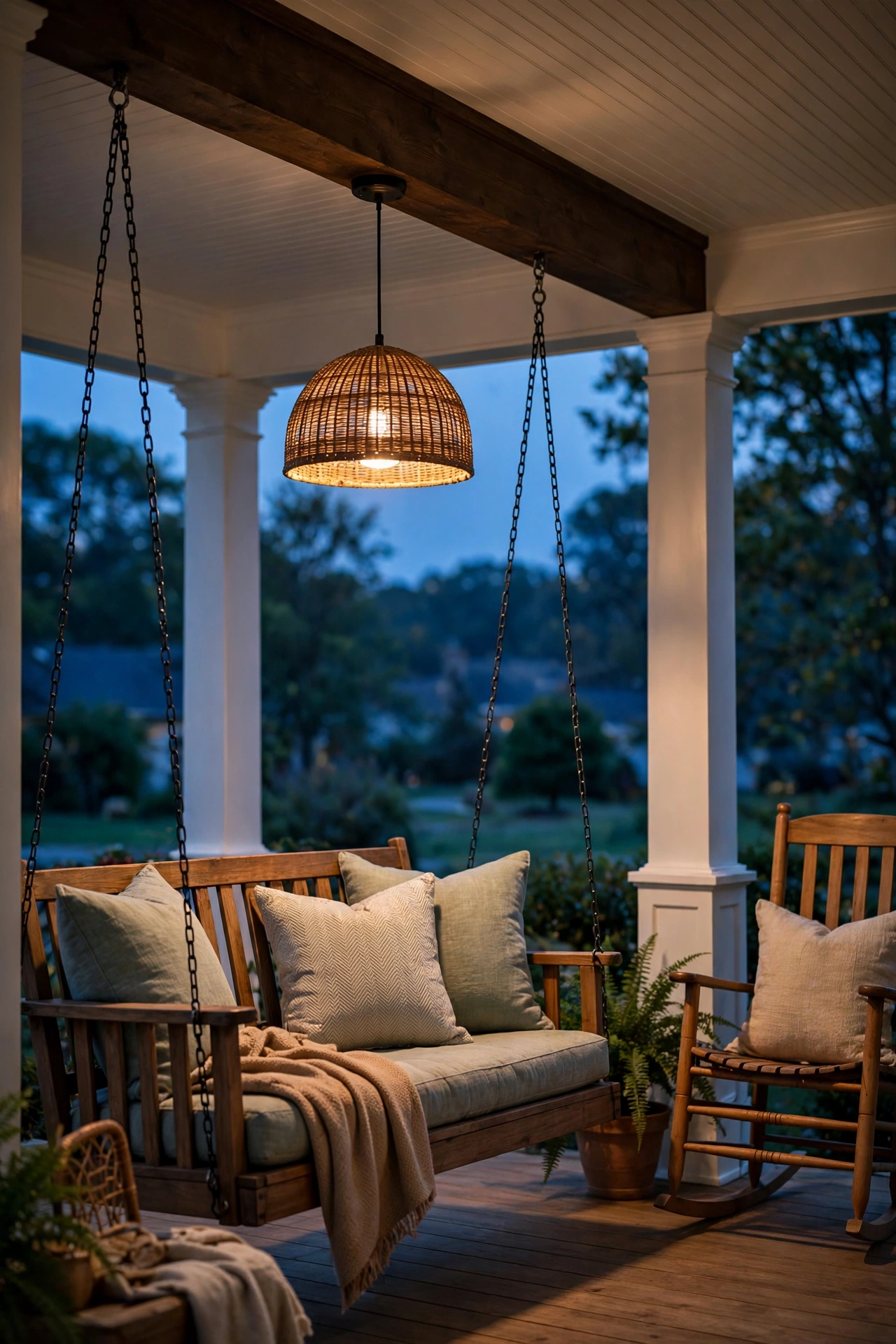 Warm pendant light hanging over a back porch swing at dusk