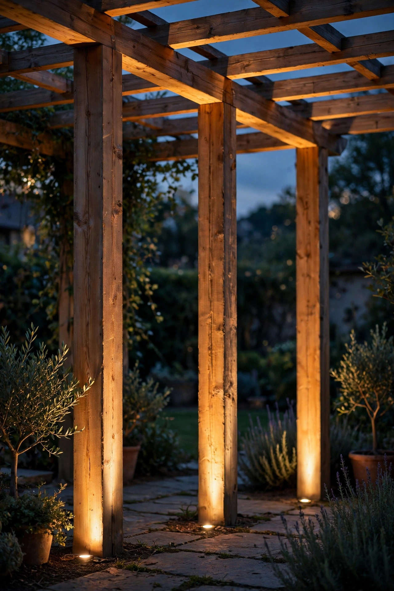 Pergola posts lit from their bases by narrow beam spotlights, warm light climbing the wood columns into the rafters at night
