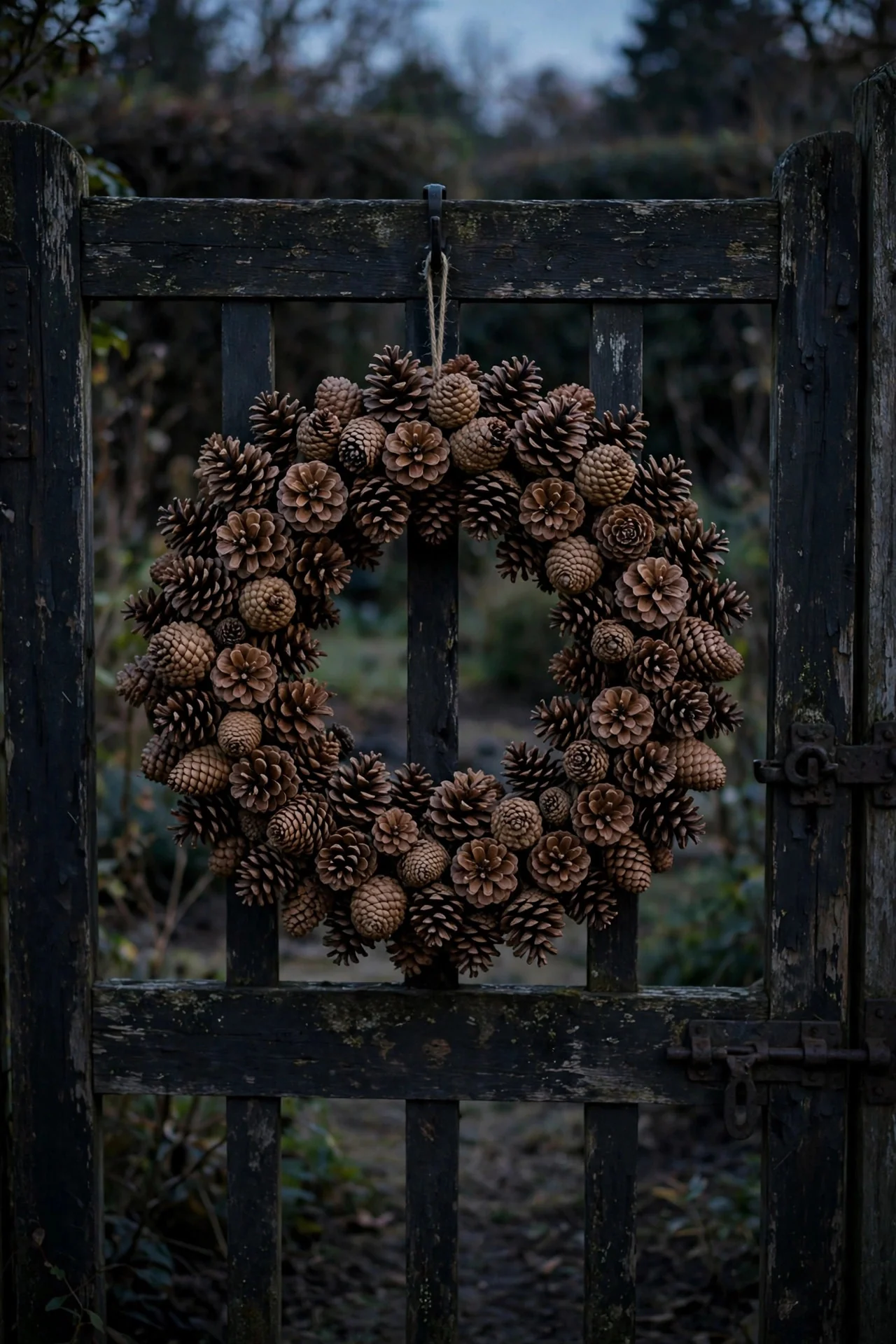 Large all-pinecone wreath hanging on a garden gate at dusk