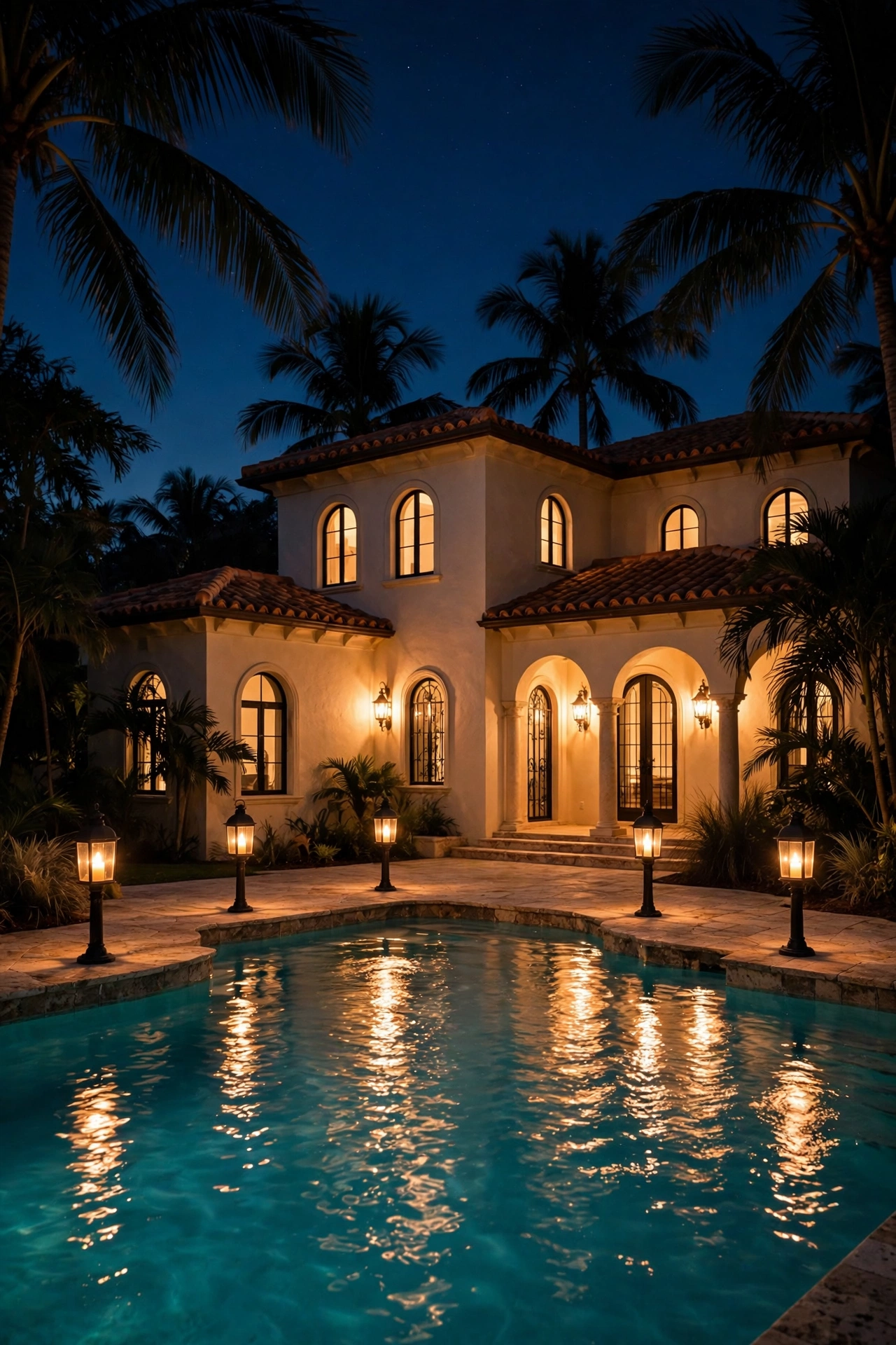 Lantern posts glowing around a Mediterranean villa pool deck at night